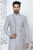 Dusty Blue Art Silk Embroidery Indo Western Wedding Reception Dress for Male