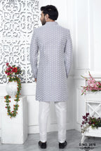 Dusty Blue Art Silk Embroidery Indo Western Wedding Reception Dress for Male