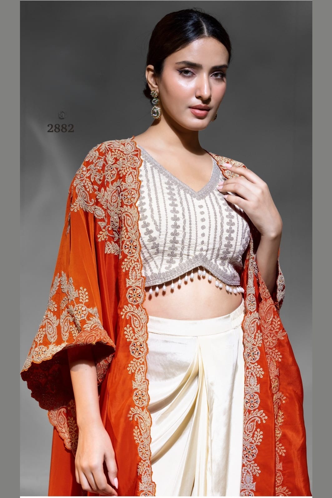 Orange Crepe Blouse With Skirt & Shrug For Indian & Pakistani Wedding Festival - Dori Work, Embroidery Work