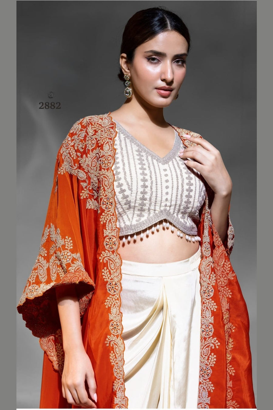 Orange Crepe Blouse With Skirt & Shrug For Indian & Pakistani Wedding Festival - Dori Work, Embroidery Work