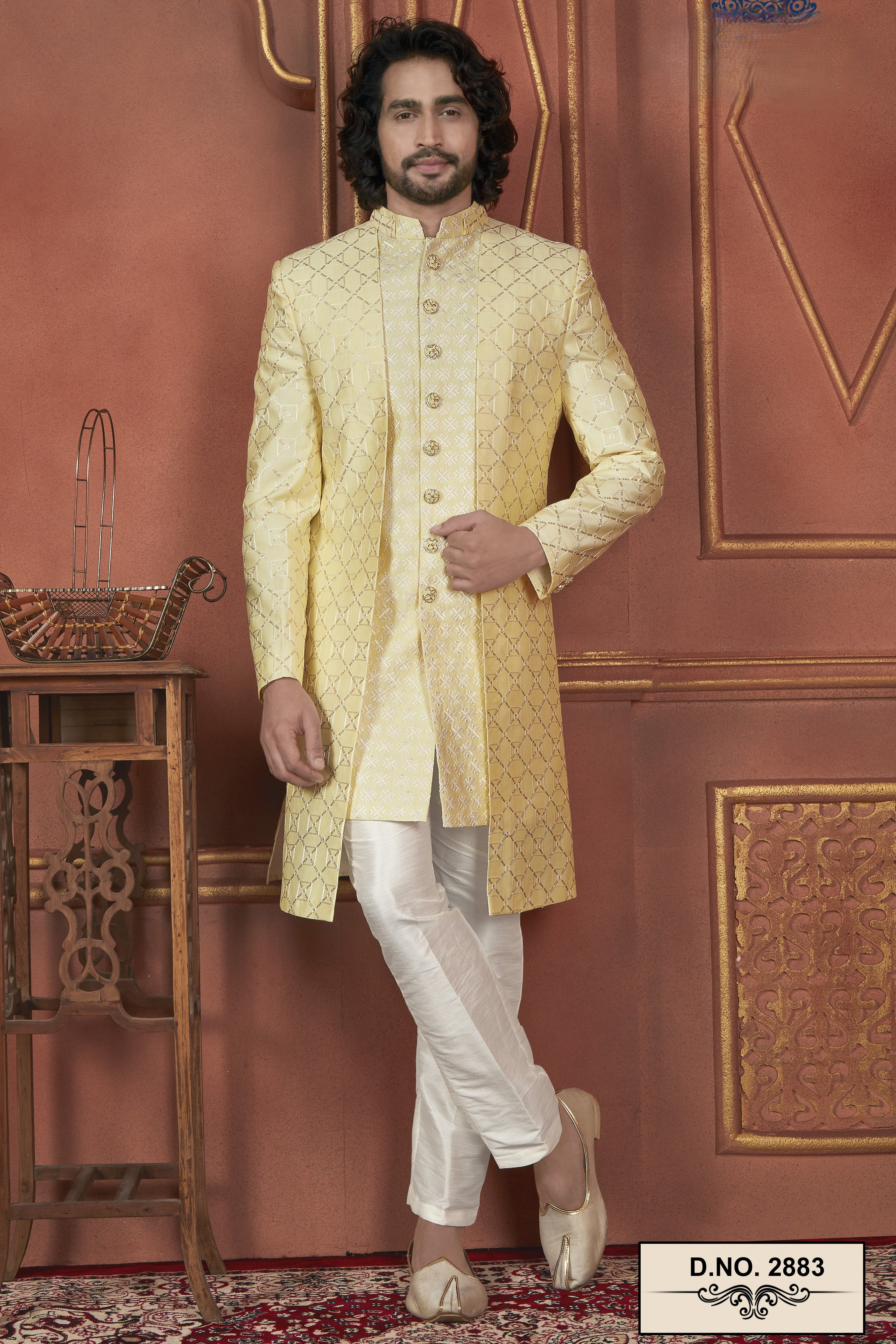 Yellow Art Silk Traditional Indo Western Sherwani Kurta with Jacket & Pant Suit for Men - Thread Embroidery Work