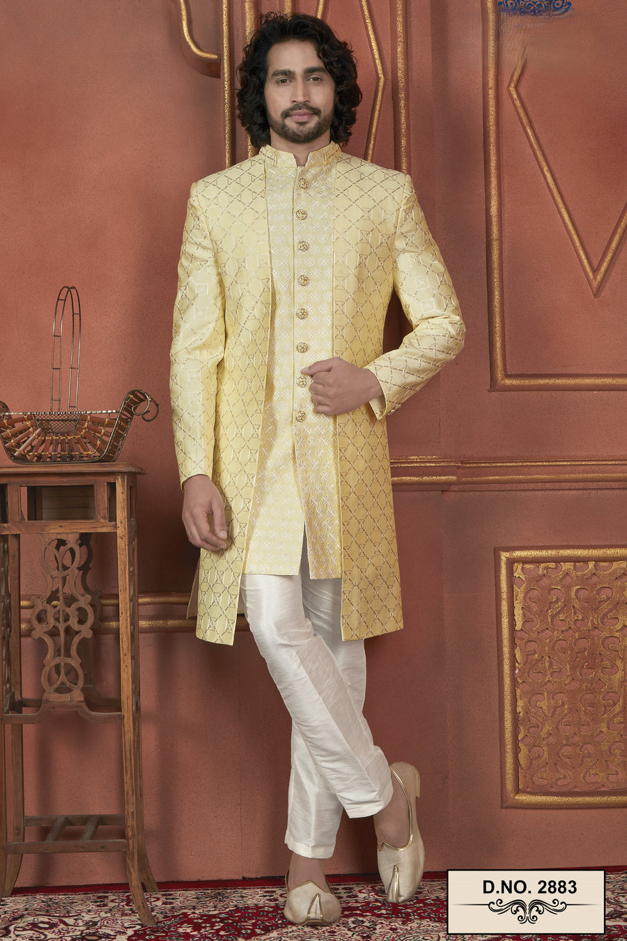 Yellow Art Silk Traditional Indo Western Sherwani Kurta with Jacket & Pant Suit for Men - Thread Embroidery Work