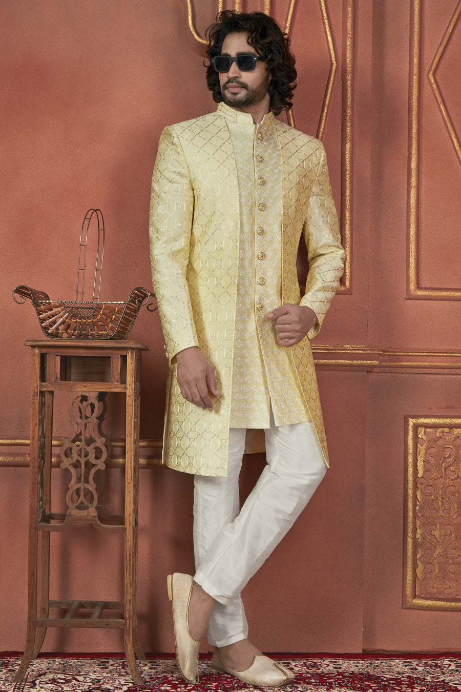 Yellow Art Silk Traditional Indo Western Sherwani Kurta with Jacket & Pant Suit for Men - Thread Embroidery Work