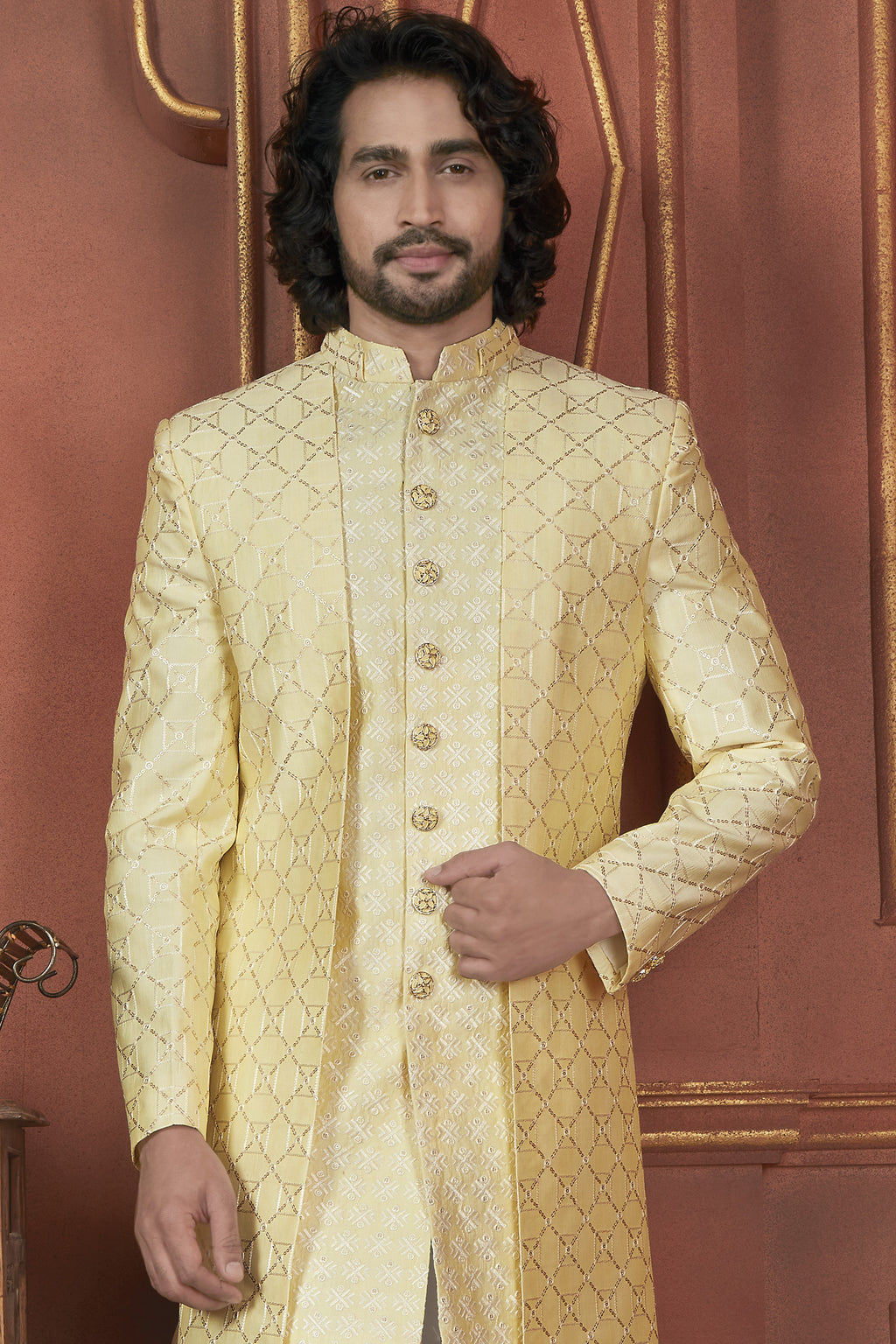 Yellow Art Silk Traditional Indo Western Sherwani Kurta with Jacket & Pant Suit for Men - Thread Embroidery Work