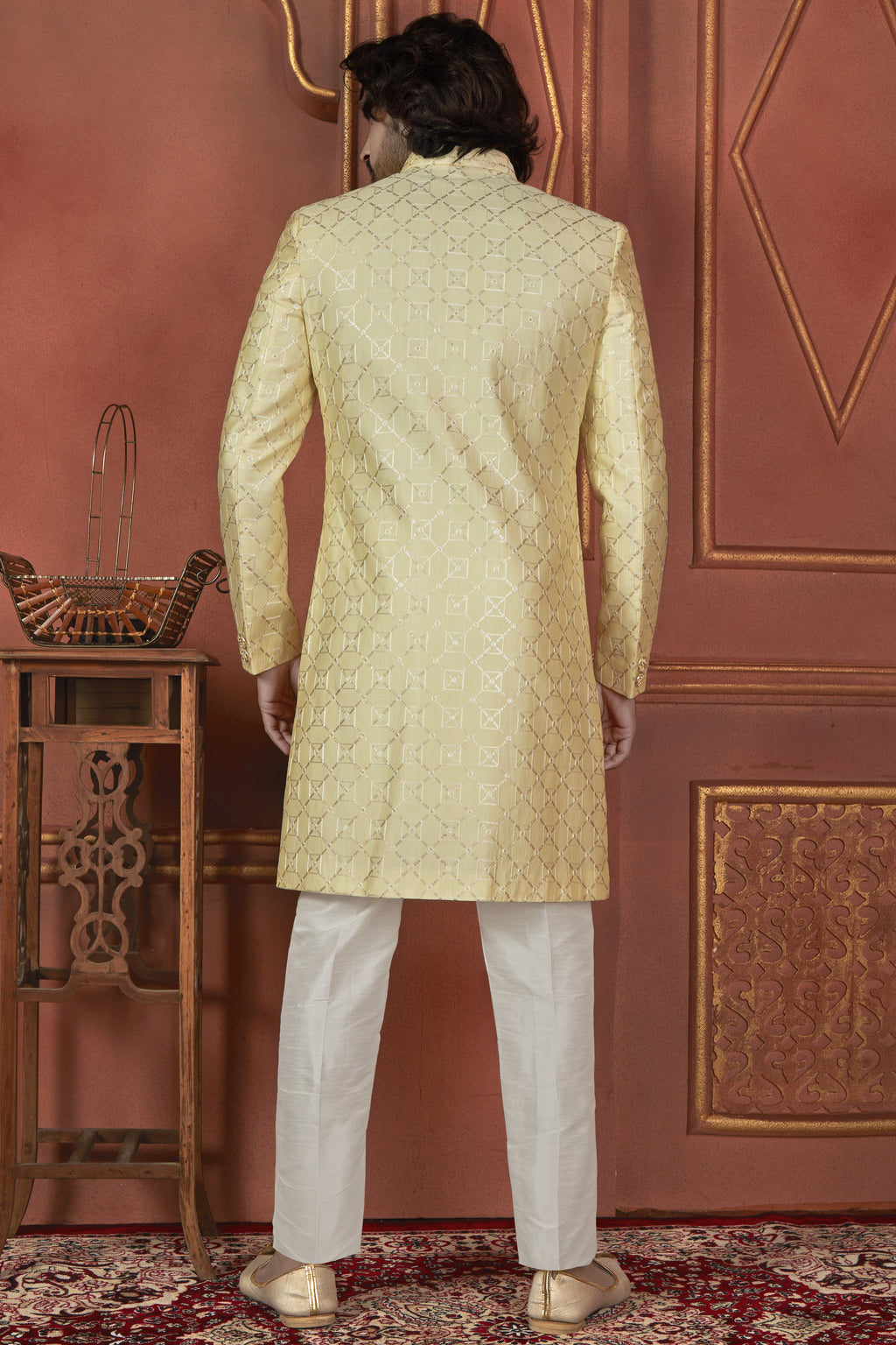 Yellow Art Silk Traditional Indo Western Sherwani Kurta with Jacket & Pant Suit for Men - Thread Embroidery Work
