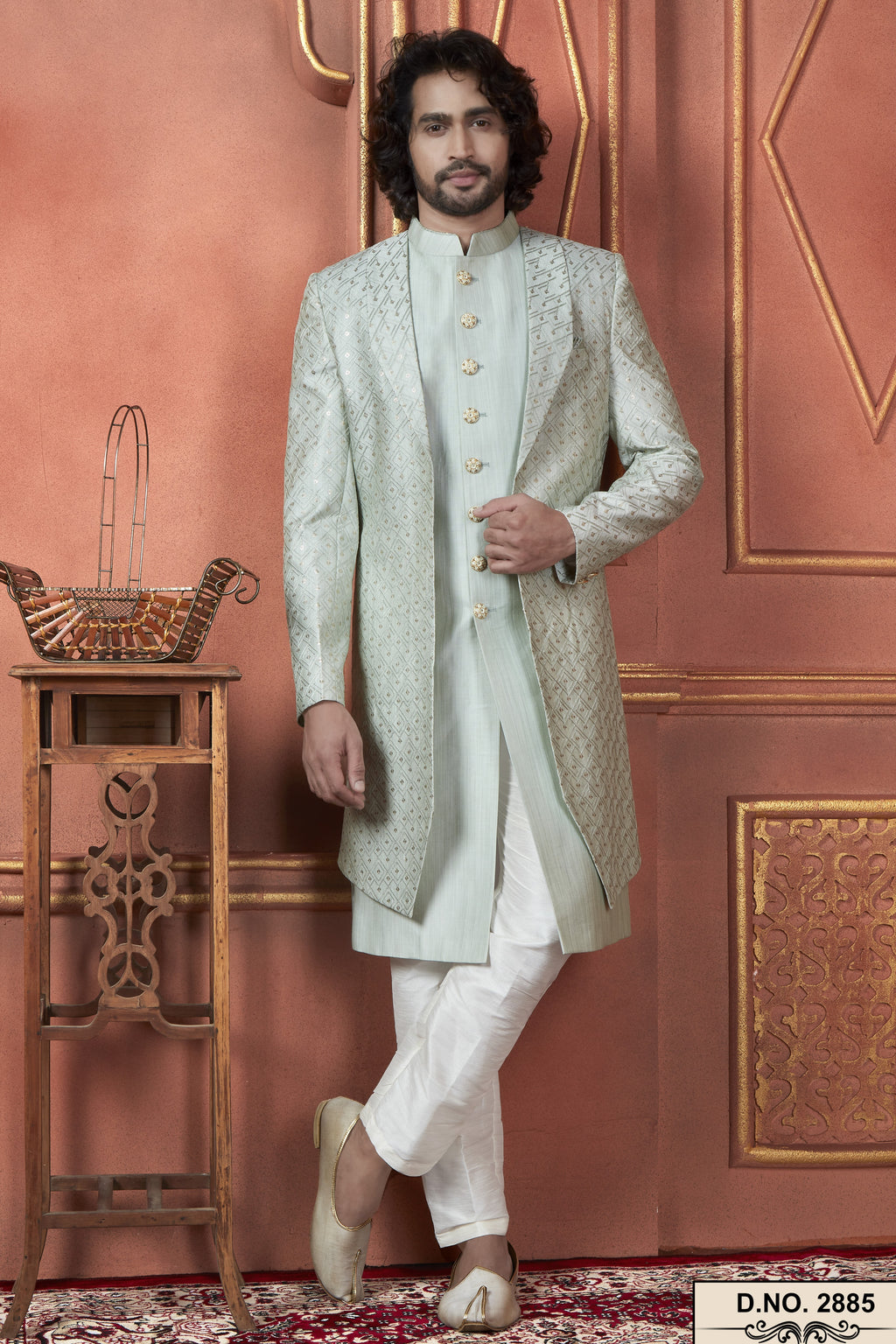 Mint Green Art Silk Traditional Indo Western Sherwani Kurta with Jacket & Pant Suit for Men - Thread Embroidery Work