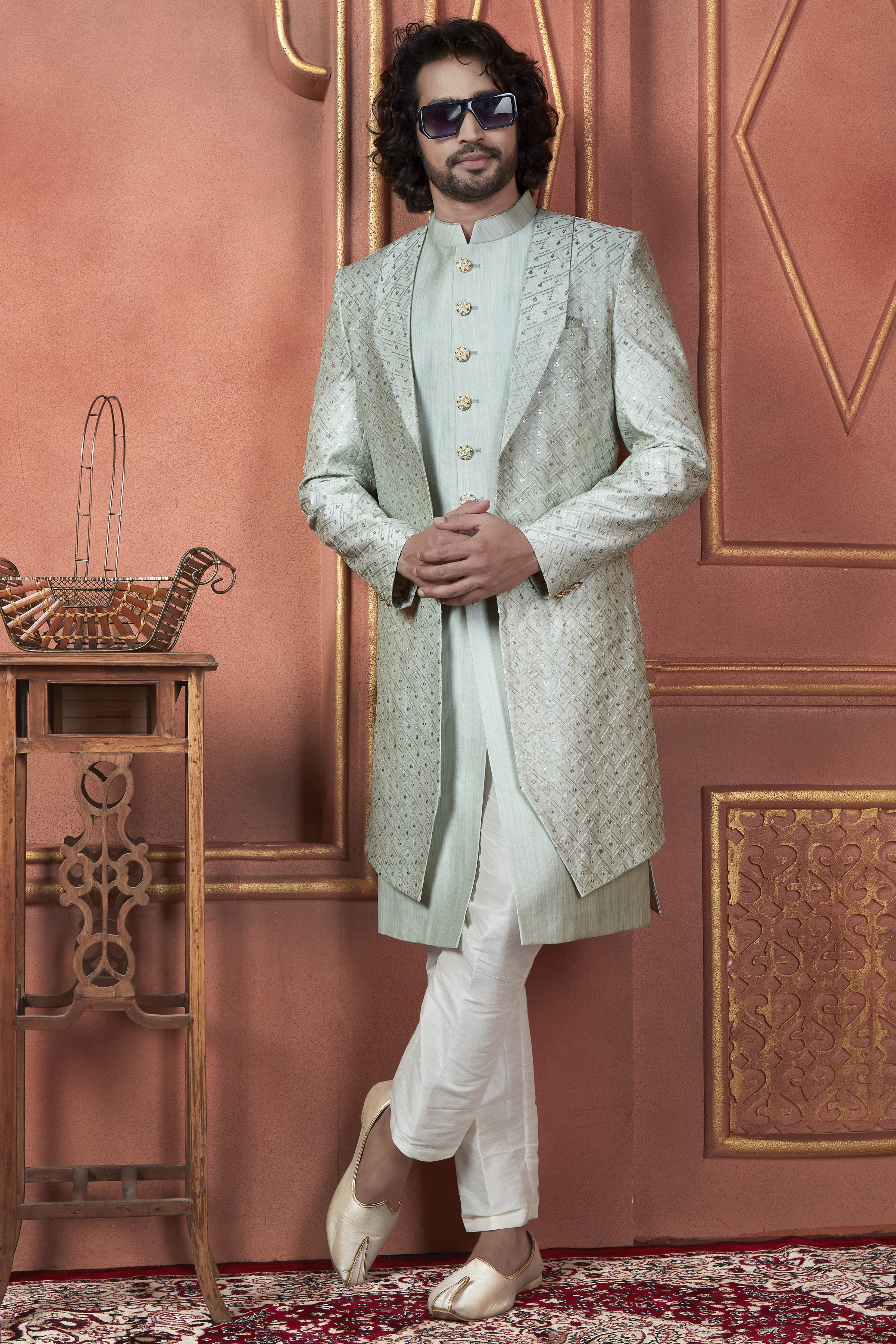 Mint Green Art Silk Traditional Indo Western Sherwani Kurta with Jacket & Pant Suit for Men - Thread Embroidery Work