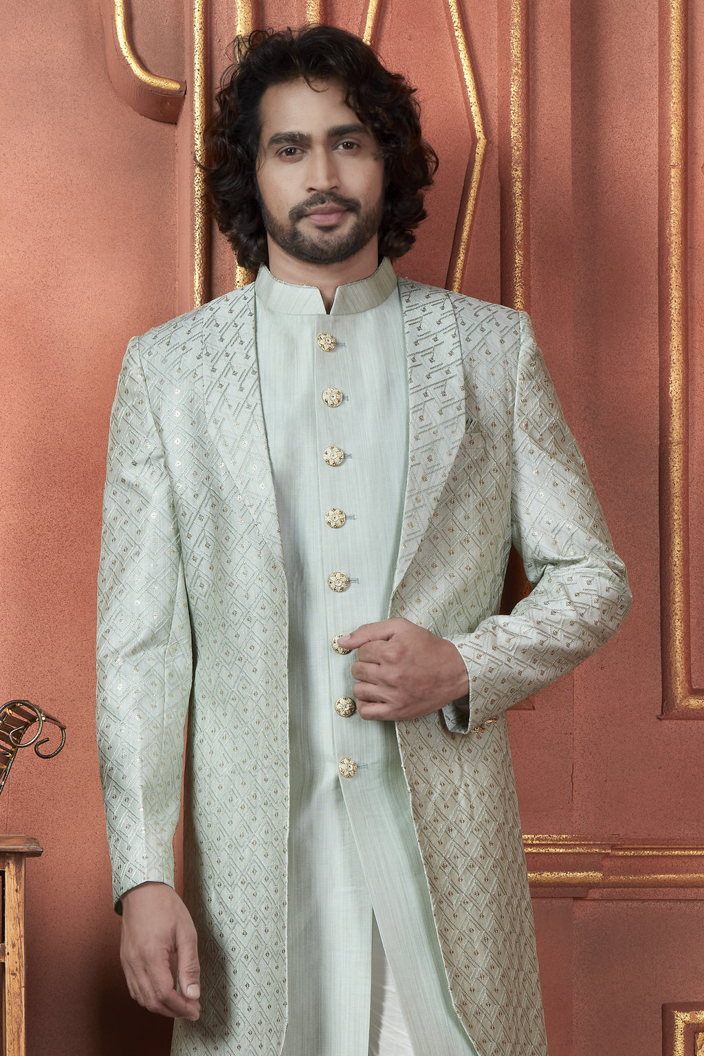 Mint Green Art Silk Traditional Indo Western Sherwani Kurta with Jacket & Pant Suit for Men - Thread Embroidery Work