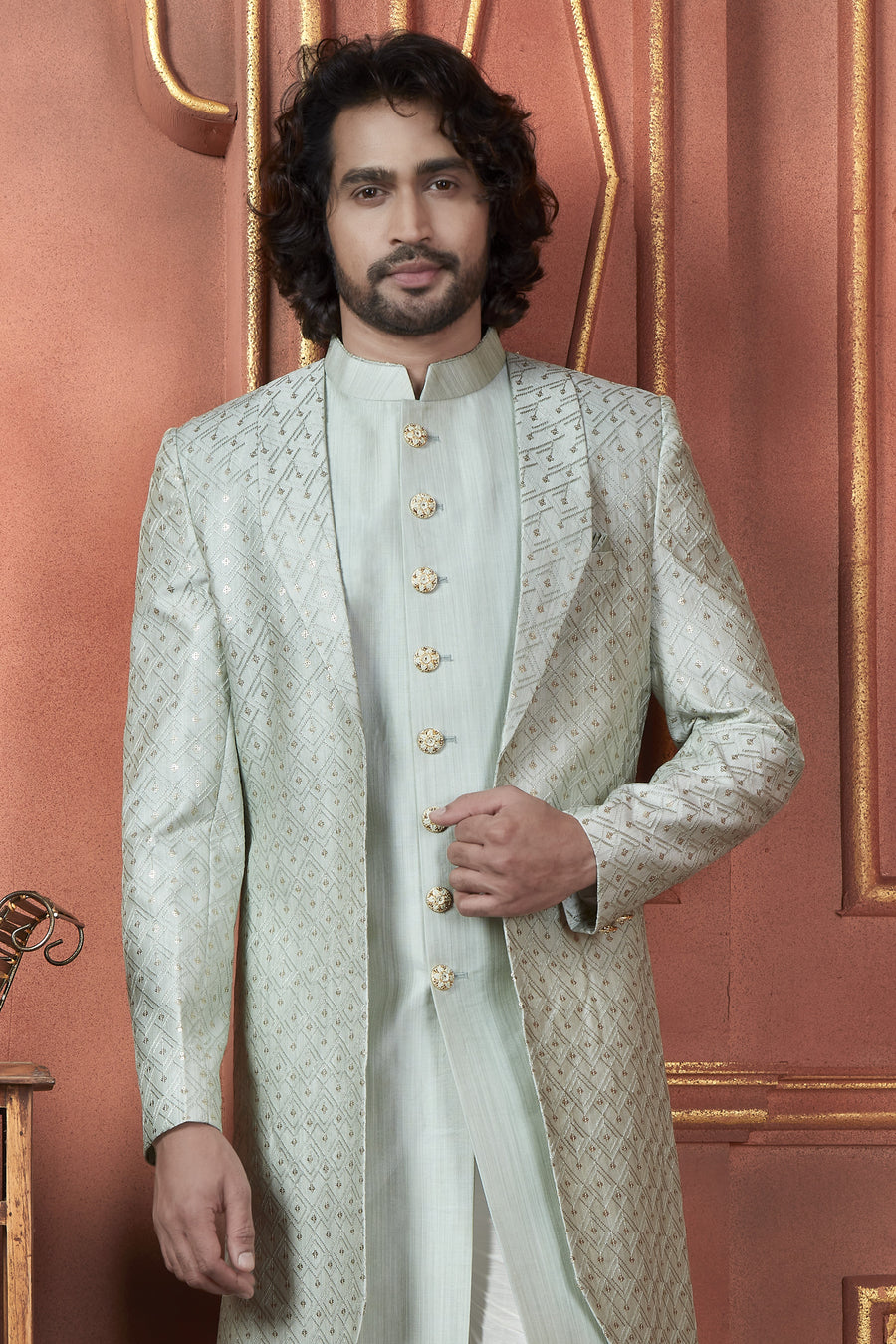 Mint Green Art Silk Traditional Indo Western Sherwani Kurta with Jacket & Pant Suit for Men - Thread Embroidery Work