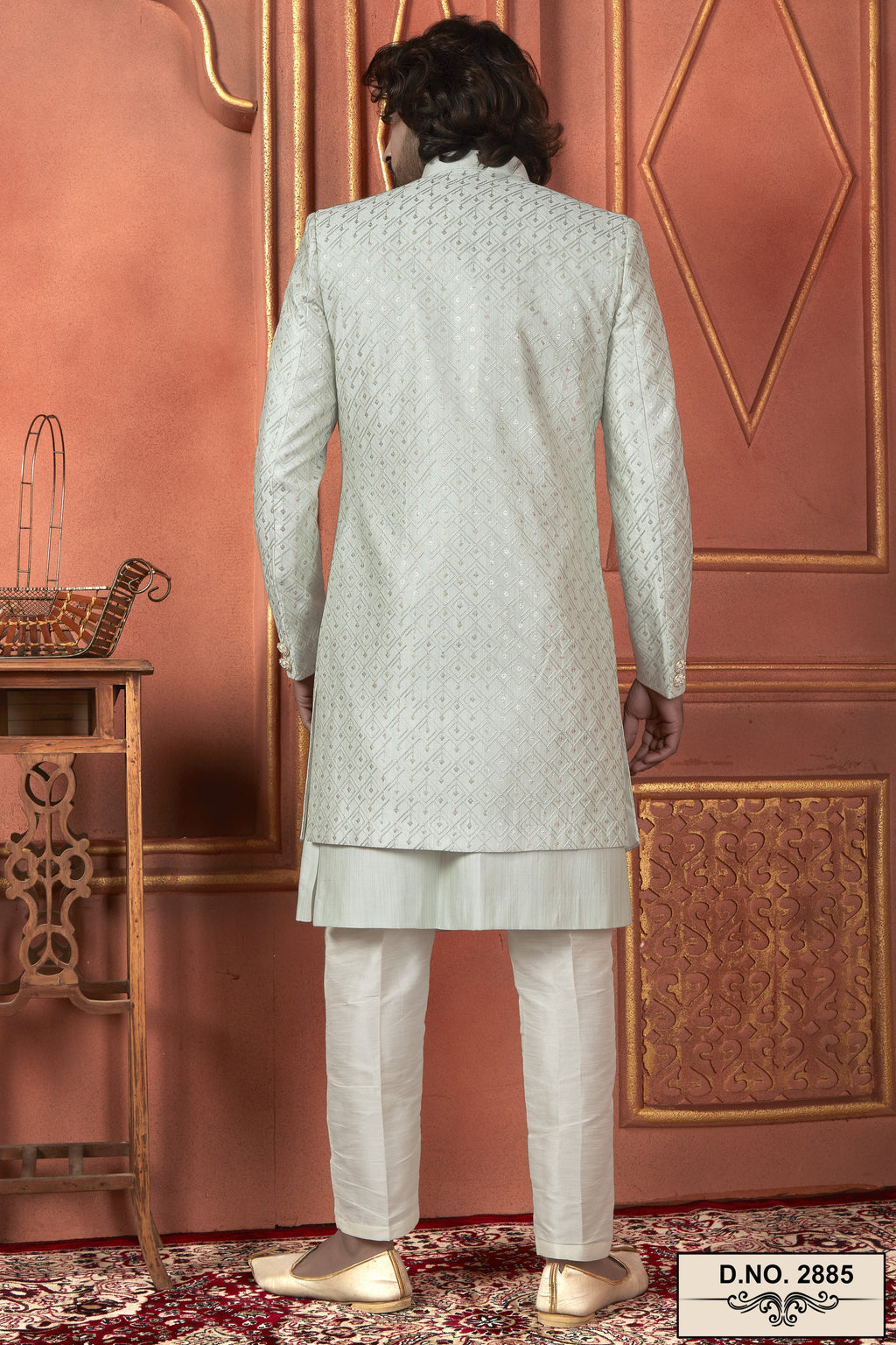 Mint Green Art Silk Traditional Indo Western Sherwani Kurta with Jacket & Pant Suit for Men - Thread Embroidery Work
