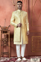 Yellow Art Silk Traditional Indo Western Sherwani Kurta with Jacket & Pant Suit for Men - Thread Embroidery Work