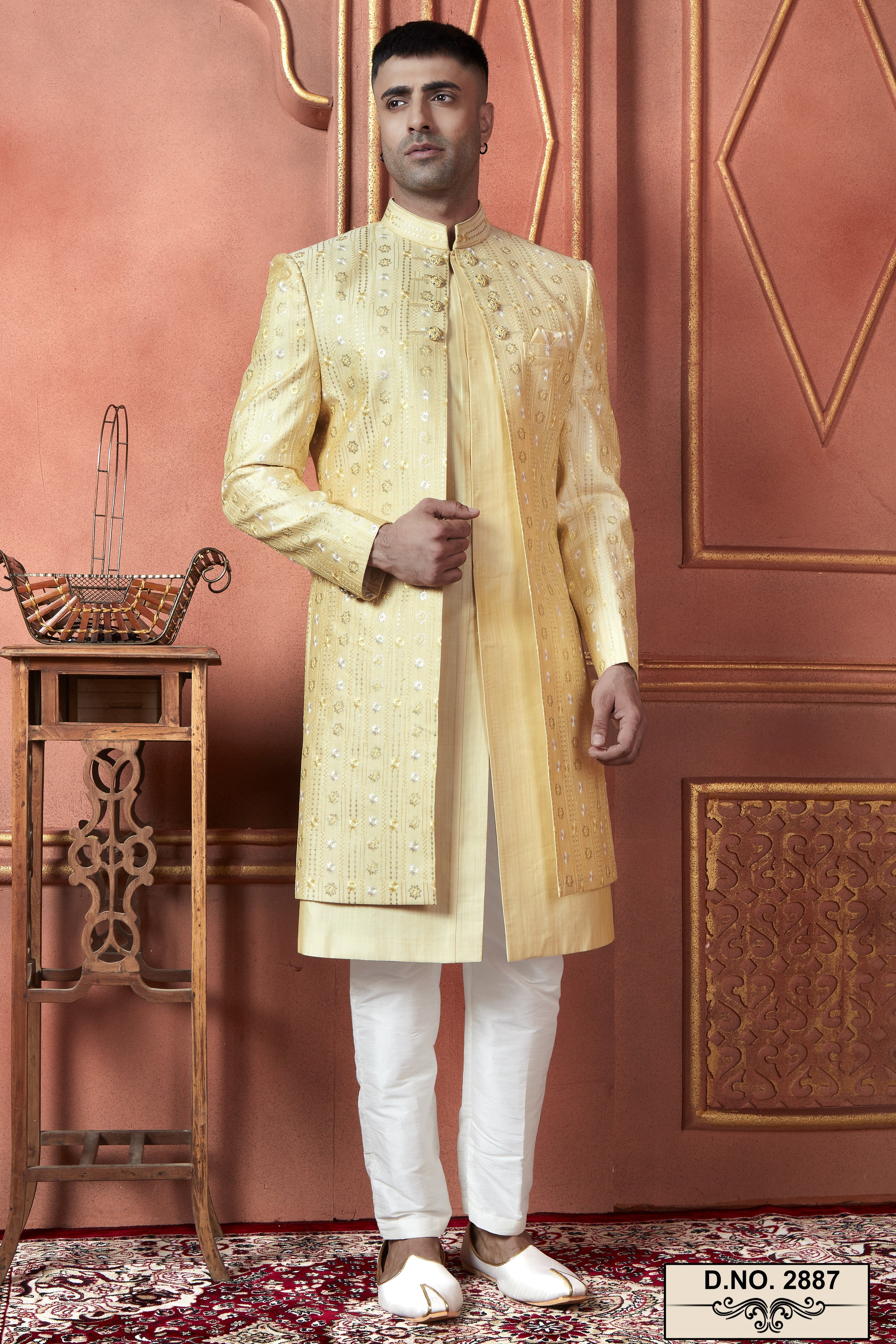 Yellow Art Silk Traditional Indo Western Sherwani Kurta with Jacket & Pant Suit for Men - Thread Embroidery Work