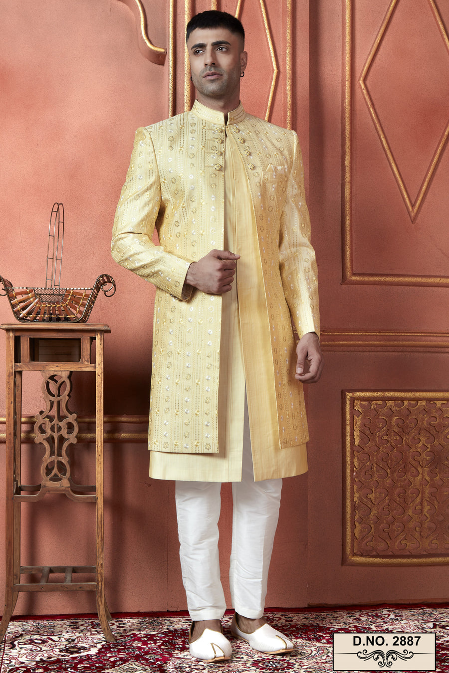 Yellow Art Silk Traditional Indo Western Sherwani Kurta with Jacket & Pant Suit for Men - Thread Embroidery Work