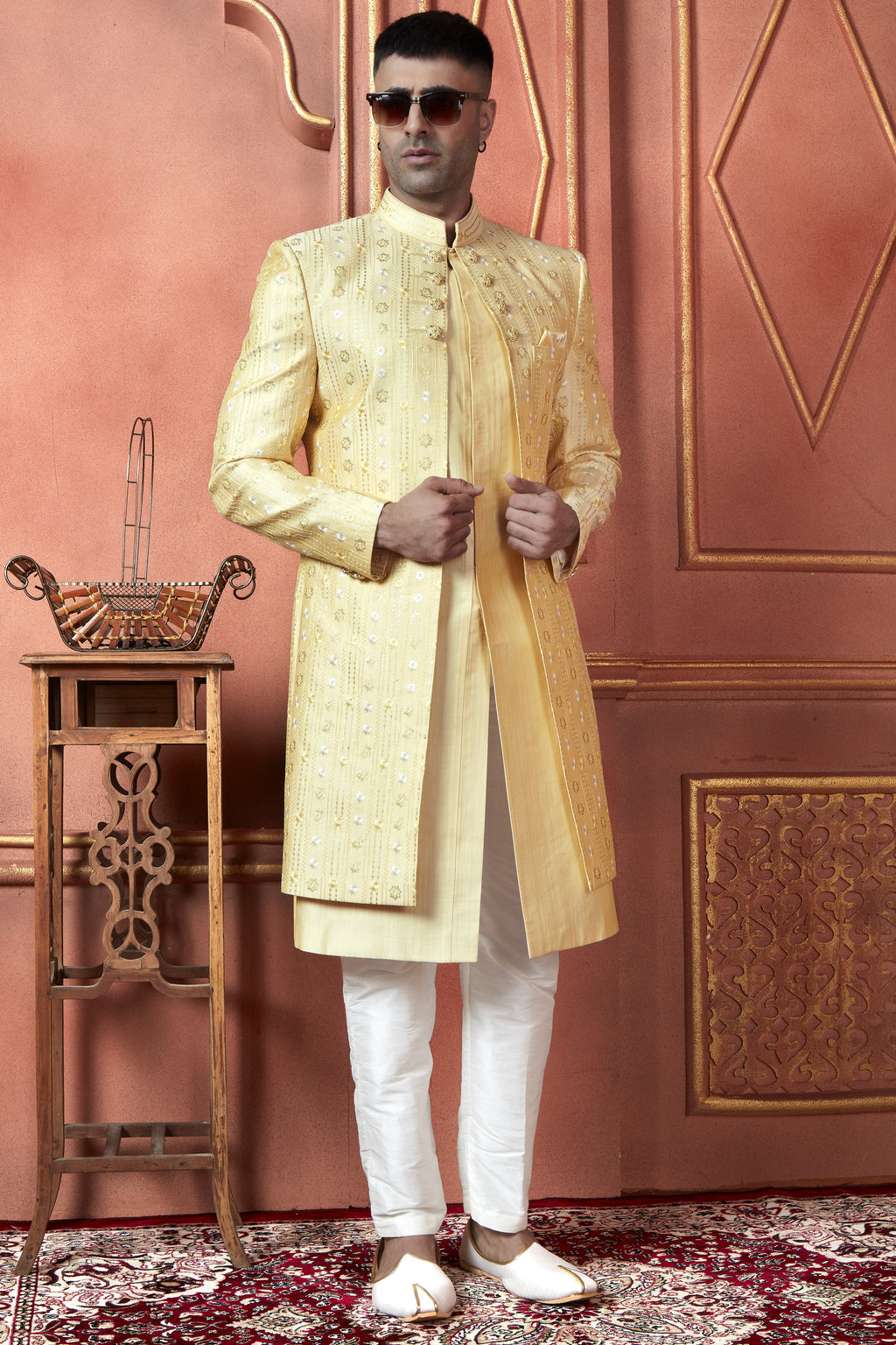 Yellow Art Silk Traditional Indo Western Sherwani Kurta with Jacket & Pant Suit for Men - Thread Embroidery Work