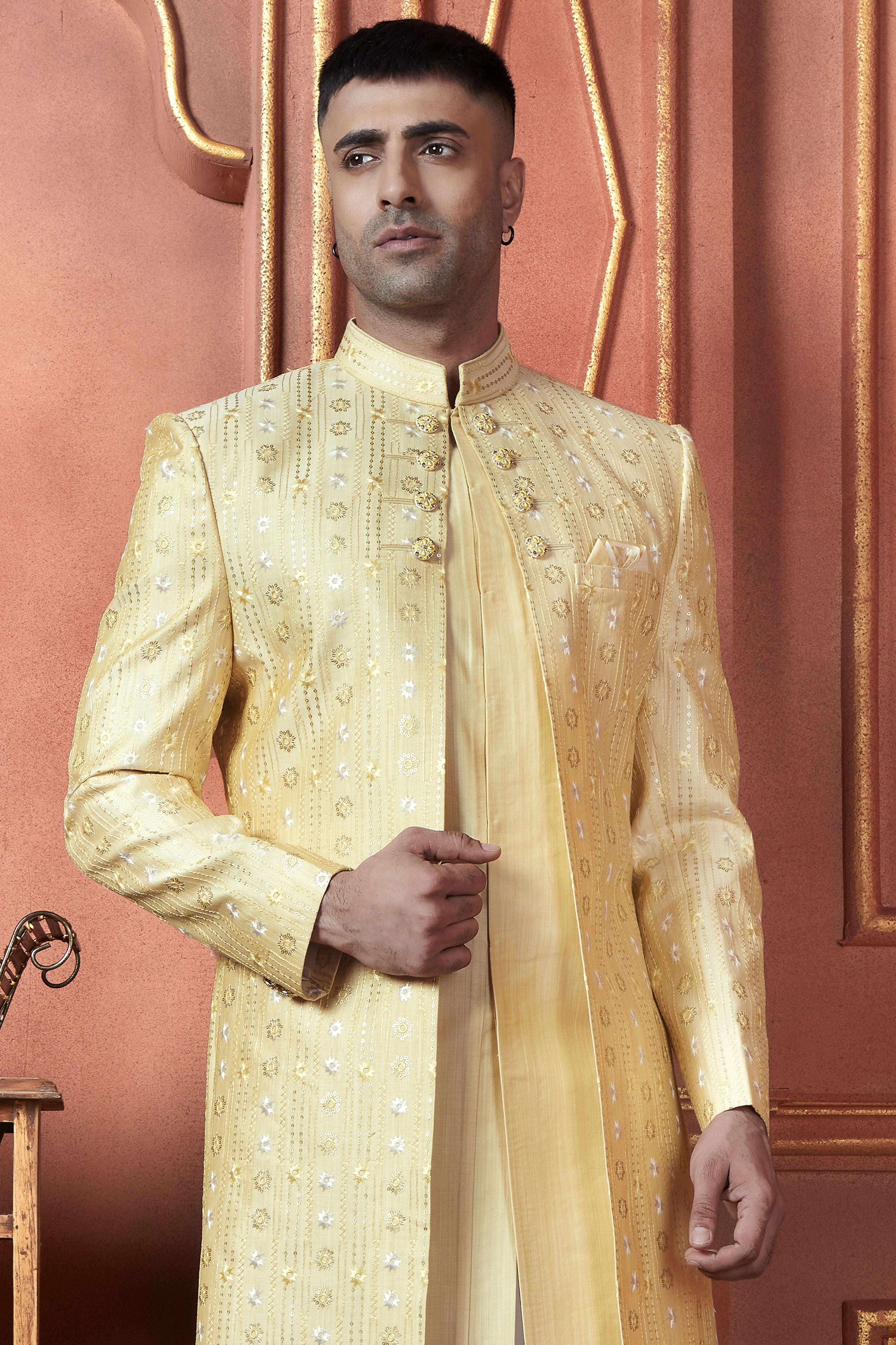 Yellow Art Silk Traditional Indo Western Sherwani Kurta with Jacket & Pant Suit for Men - Thread Embroidery Work