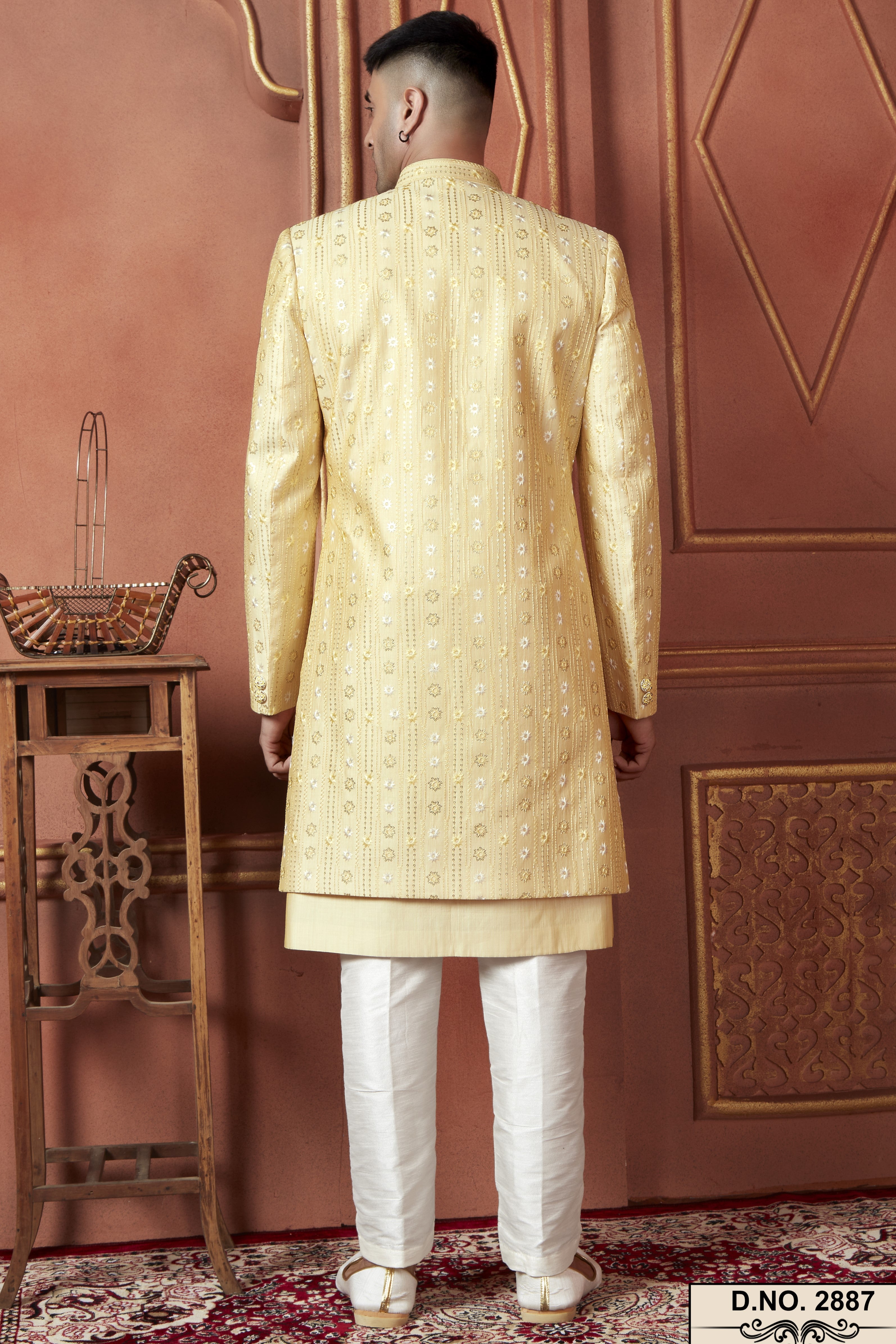 Yellow Art Silk Traditional Indo Western Sherwani Kurta with Jacket & Pant Suit for Men - Thread Embroidery Work