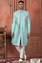 Light Blue Art Silk Traditional Indo Western Sherwani Kurta with Jacket & Pant Suit for Men - Thread Embroidery Work