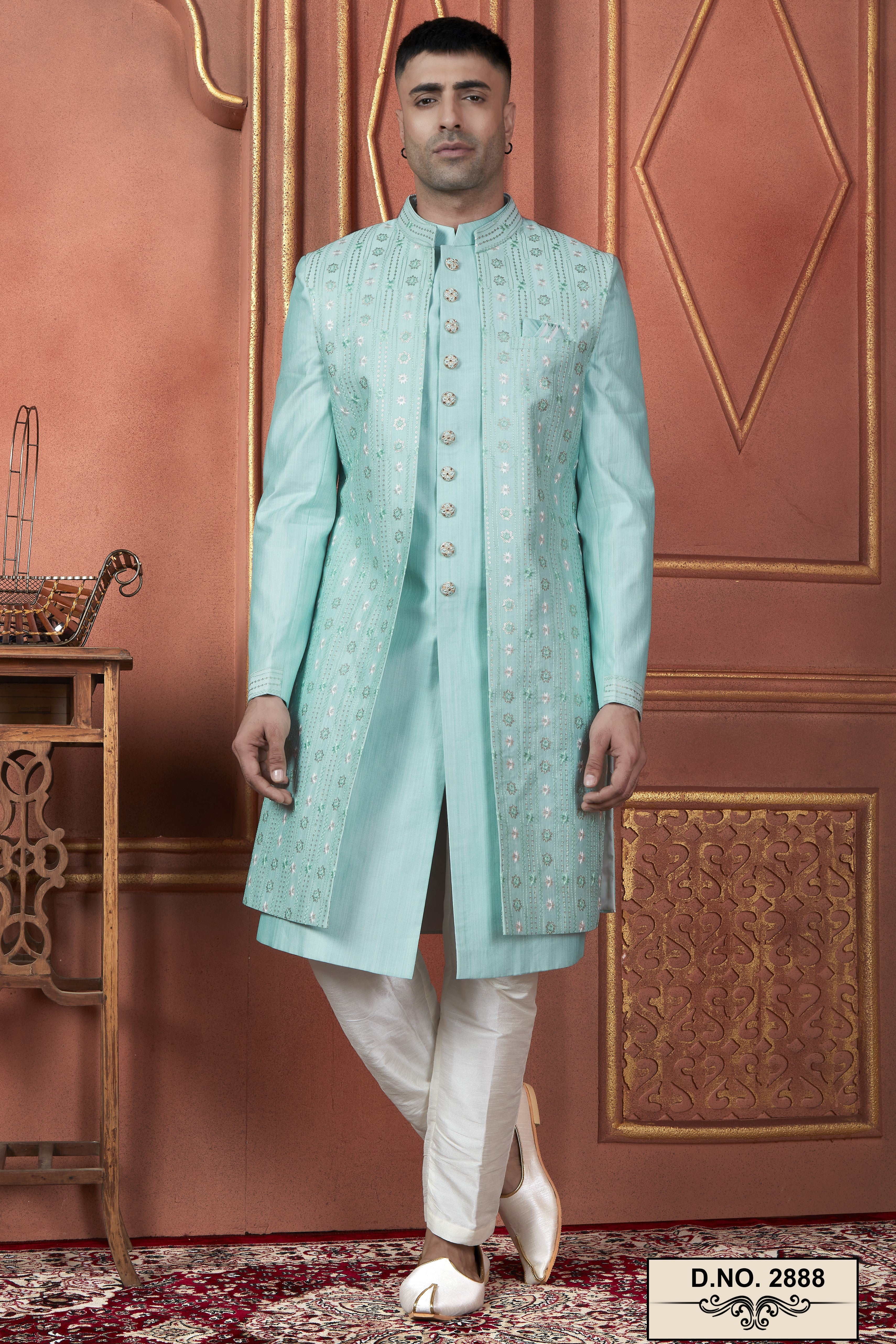 Light Blue Art Silk Traditional Indo Western Sherwani Kurta with Jacket & Pant Suit for Men - Thread Embroidery Work