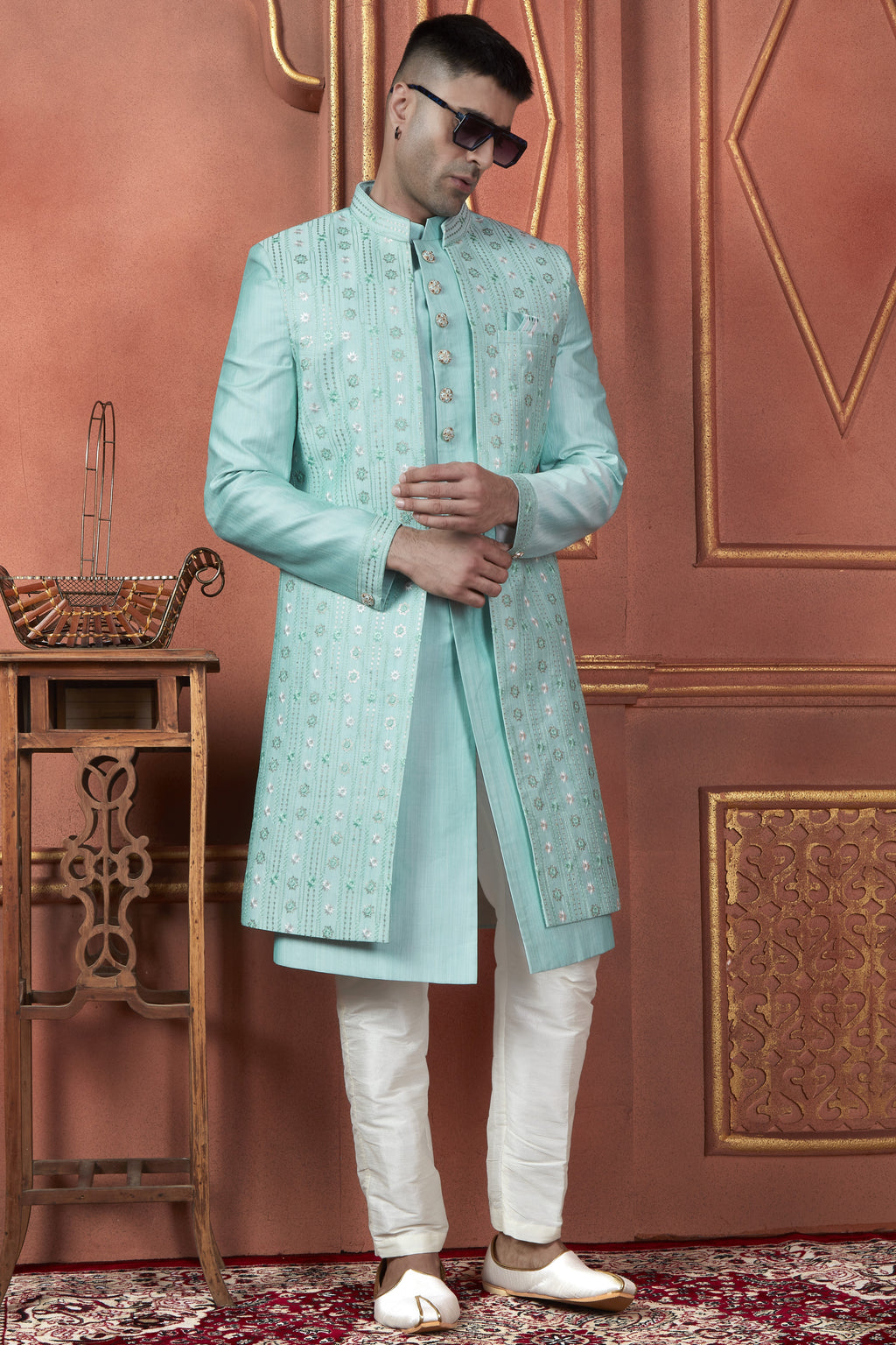 Light Blue Art Silk Traditional Indo Western Sherwani Kurta with Jacket & Pant Suit for Men - Thread Embroidery Work