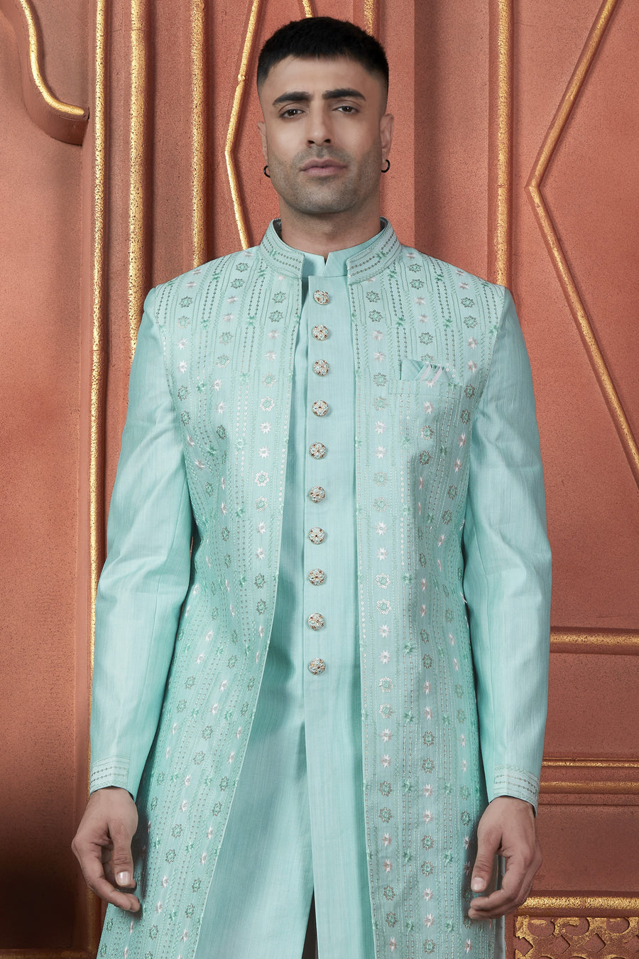 Light Blue Art Silk Traditional Indo Western Sherwani Kurta with Jacket & Pant Suit for Men - Thread Embroidery Work