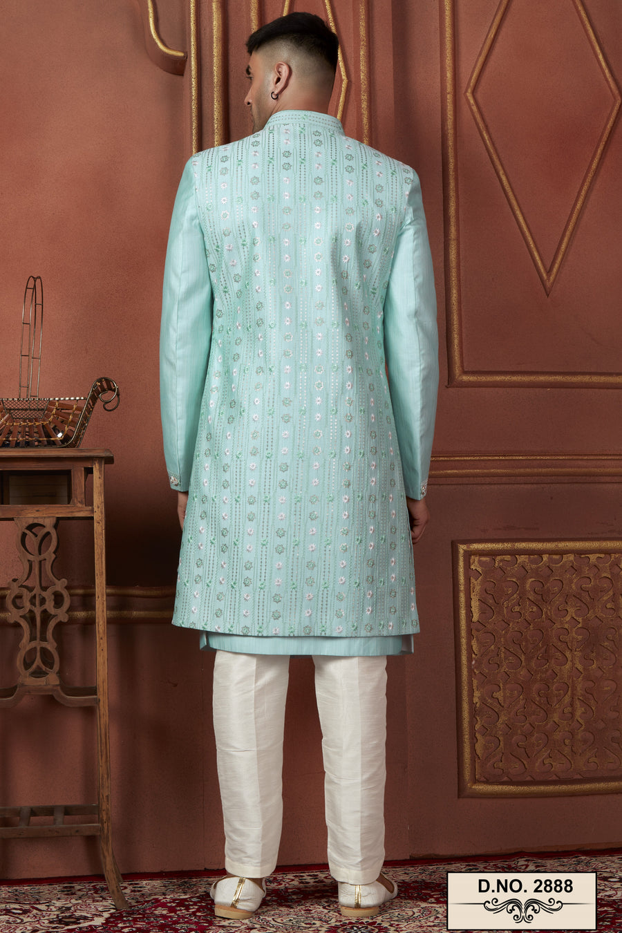Light Blue Art Silk Traditional Indo Western Sherwani Kurta with Jacket & Pant Suit for Men - Thread Embroidery Work
