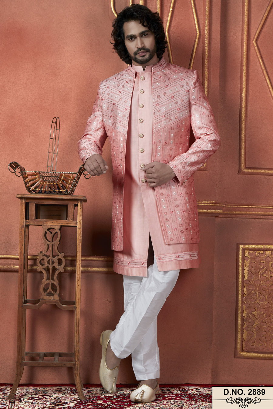 Pink Art Silk Traditional Indo Western Sherwani Kurta with Jacket & Pant for Men - Thread Embroidery Work