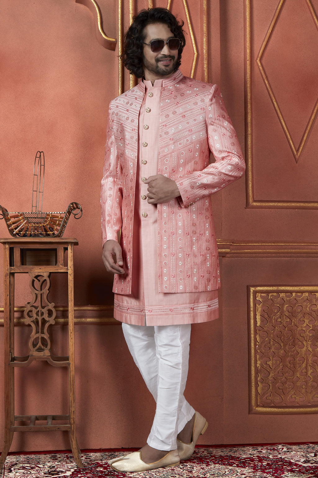 Pink Art Silk Traditional Indo Western Sherwani Kurta with Jacket & Pant for Men - Thread Embroidery Work