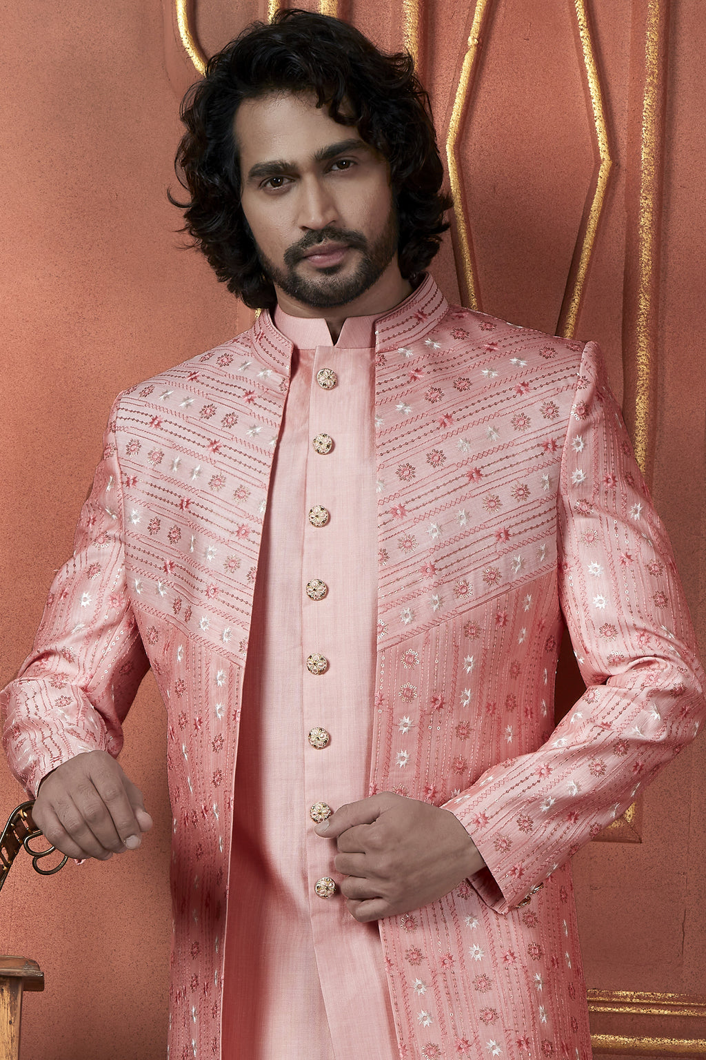 Pink Art Silk Traditional Indo Western Sherwani Kurta with Jacket & Pant for Men - Thread Embroidery Work