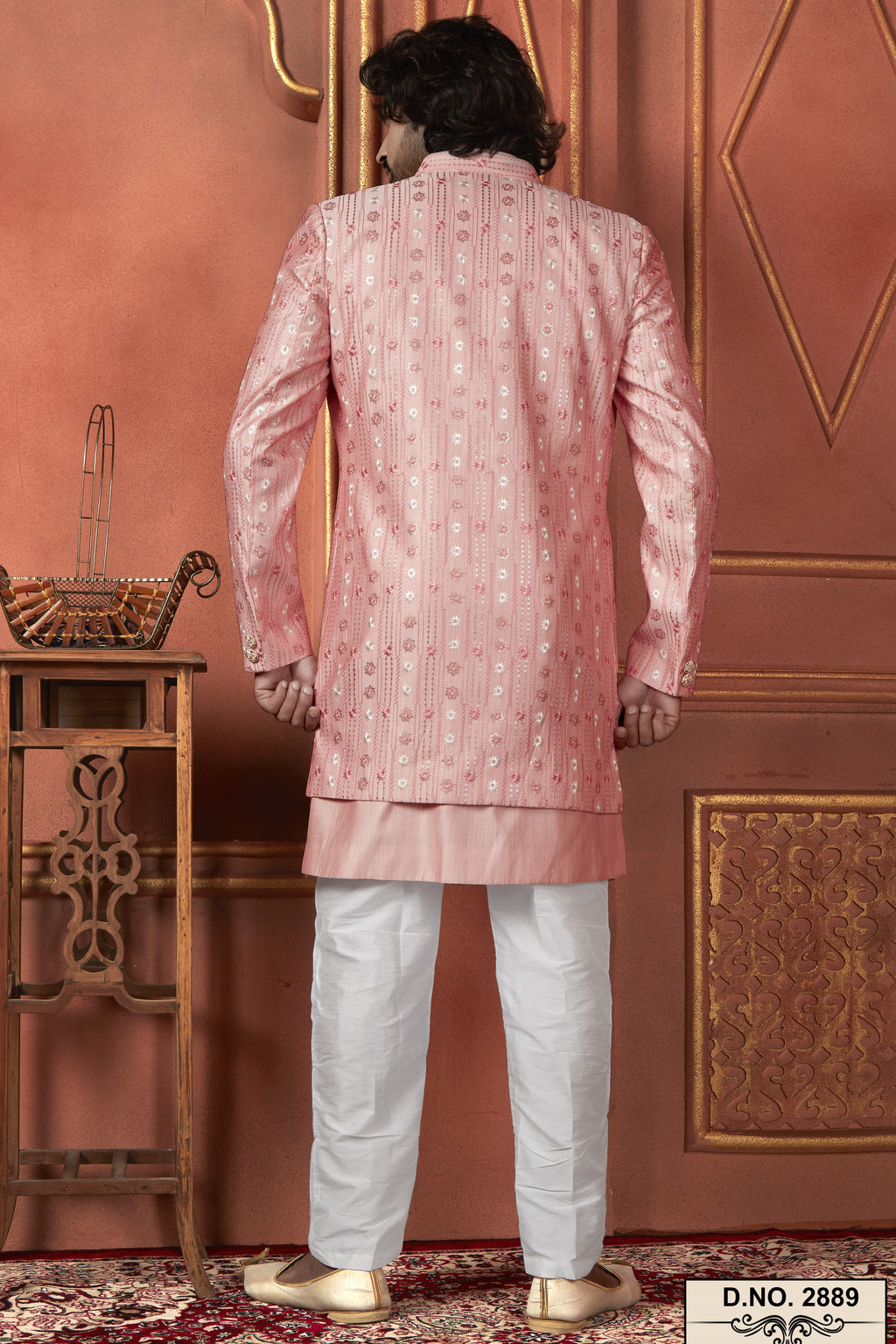 Pink Art Silk Traditional Indo Western Sherwani Kurta with Jacket & Pant for Men - Thread Embroidery Work
