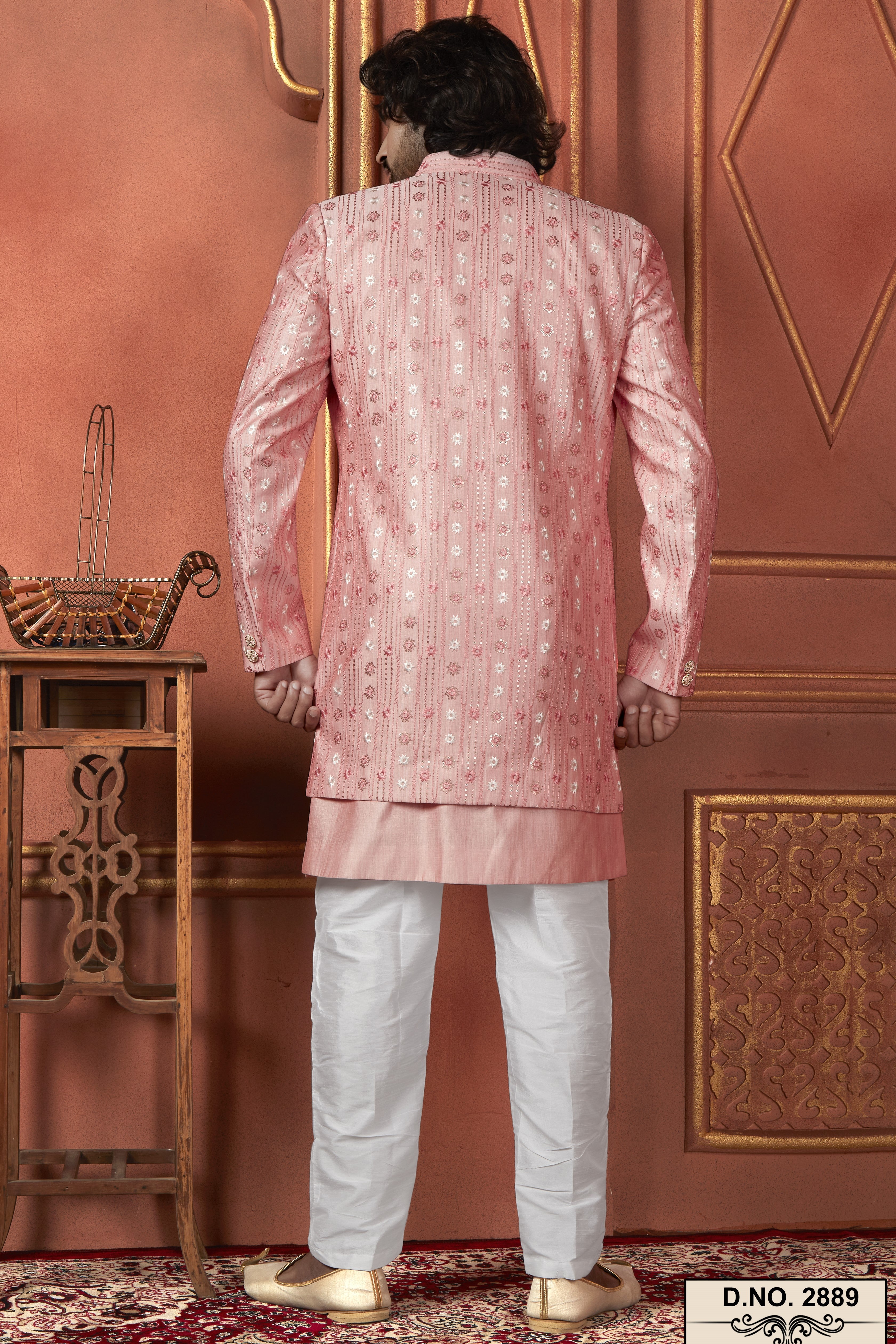 Pink Art Silk Traditional Indo Western Sherwani Kurta with Jacket & Pant for Men - Thread Embroidery Work