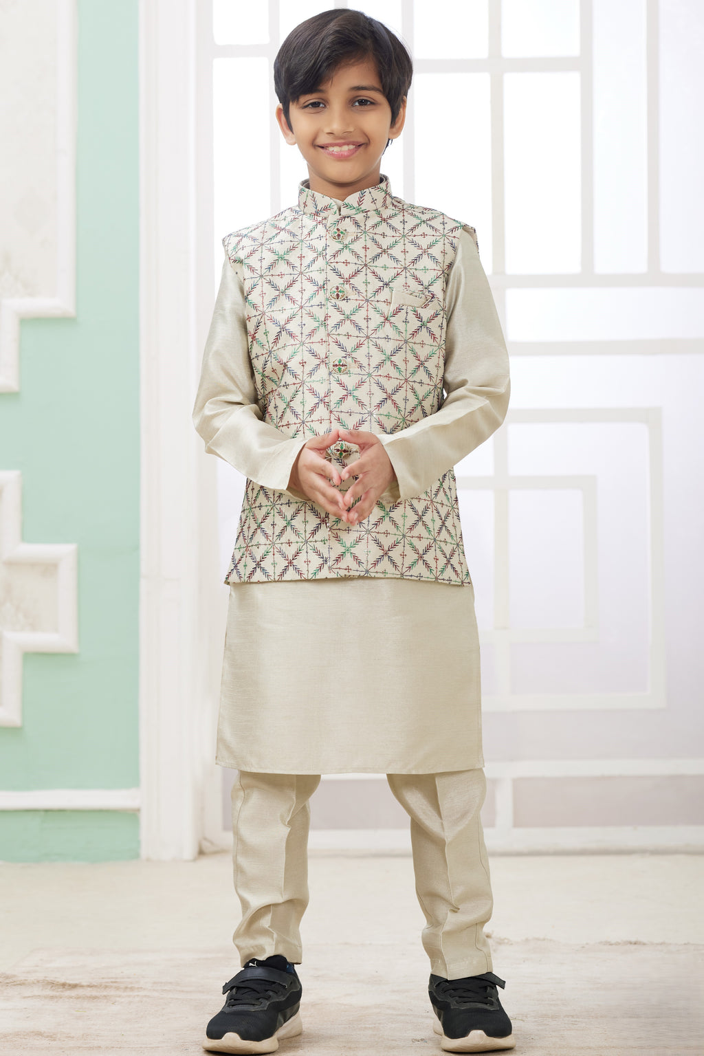 Beige Art Silk 3 Piece Kids Wear Boys Suit Kurta Pajama with Waistcoat Nehru Jacket for Kids for Festivals & Wedding - Embroidery Work