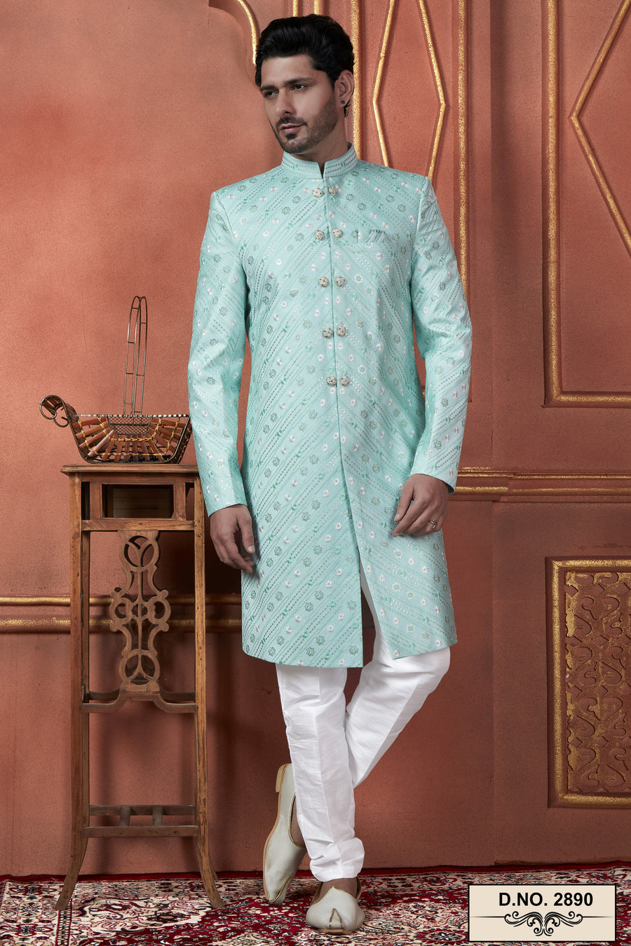 Mint Green Art Silk Traditional Indo Western Sherwani Kurta with Jacket & Pant for Men - Thread Embroidery Work
