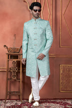Mint Green Art Silk Traditional Indo Western Sherwani Kurta with Jacket & Pant for Men - Thread Embroidery Work
