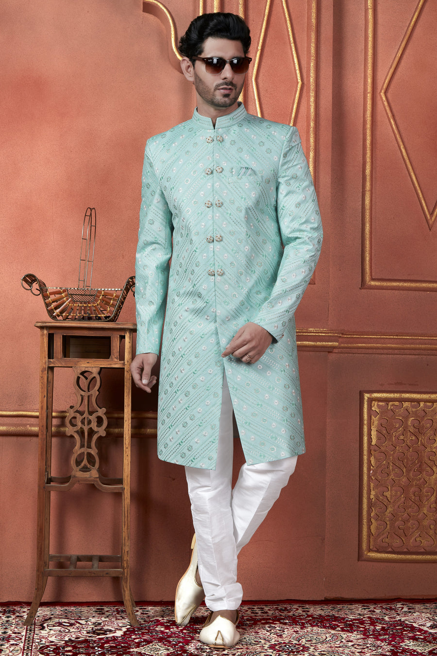 Mint Green Art Silk Traditional Indo Western Sherwani Kurta with Jacket & Pant for Men - Thread Embroidery Work