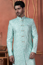 Mint Green Art Silk Traditional Indo Western Sherwani Kurta with Jacket & Pant for Men - Thread Embroidery Work