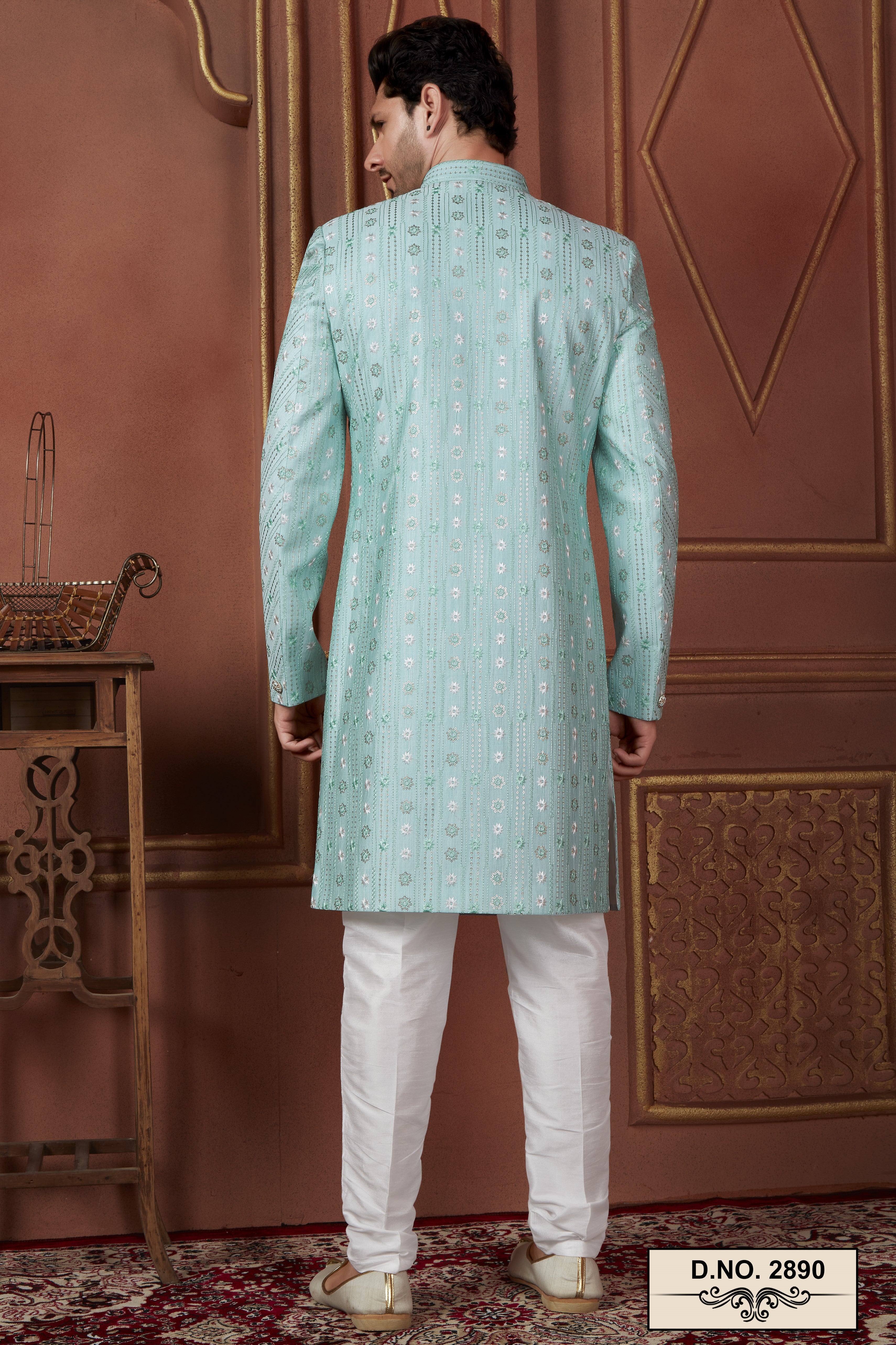 Mint Green Art Silk Traditional Indo Western Sherwani Kurta with Jacket & Pant for Men - Thread Embroidery Work