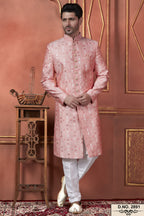 Pink Art Silk Traditional Indo Western Sherwani Kurta with Jacket & Pant for Men - Thread Embroidery Work