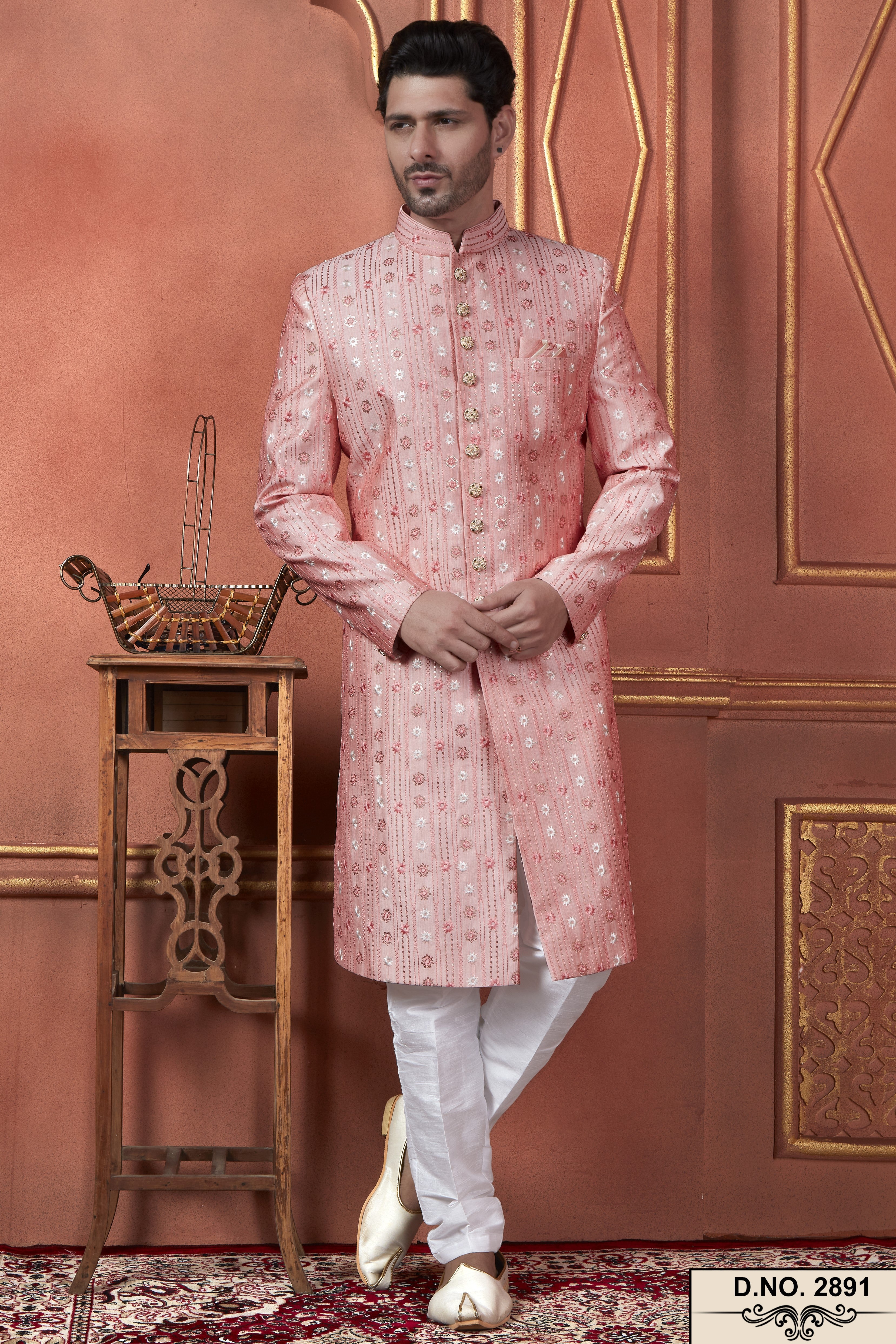 Pink Art Silk Traditional Indo Western Sherwani Kurta with Jacket & Pant for Men - Thread Embroidery Work