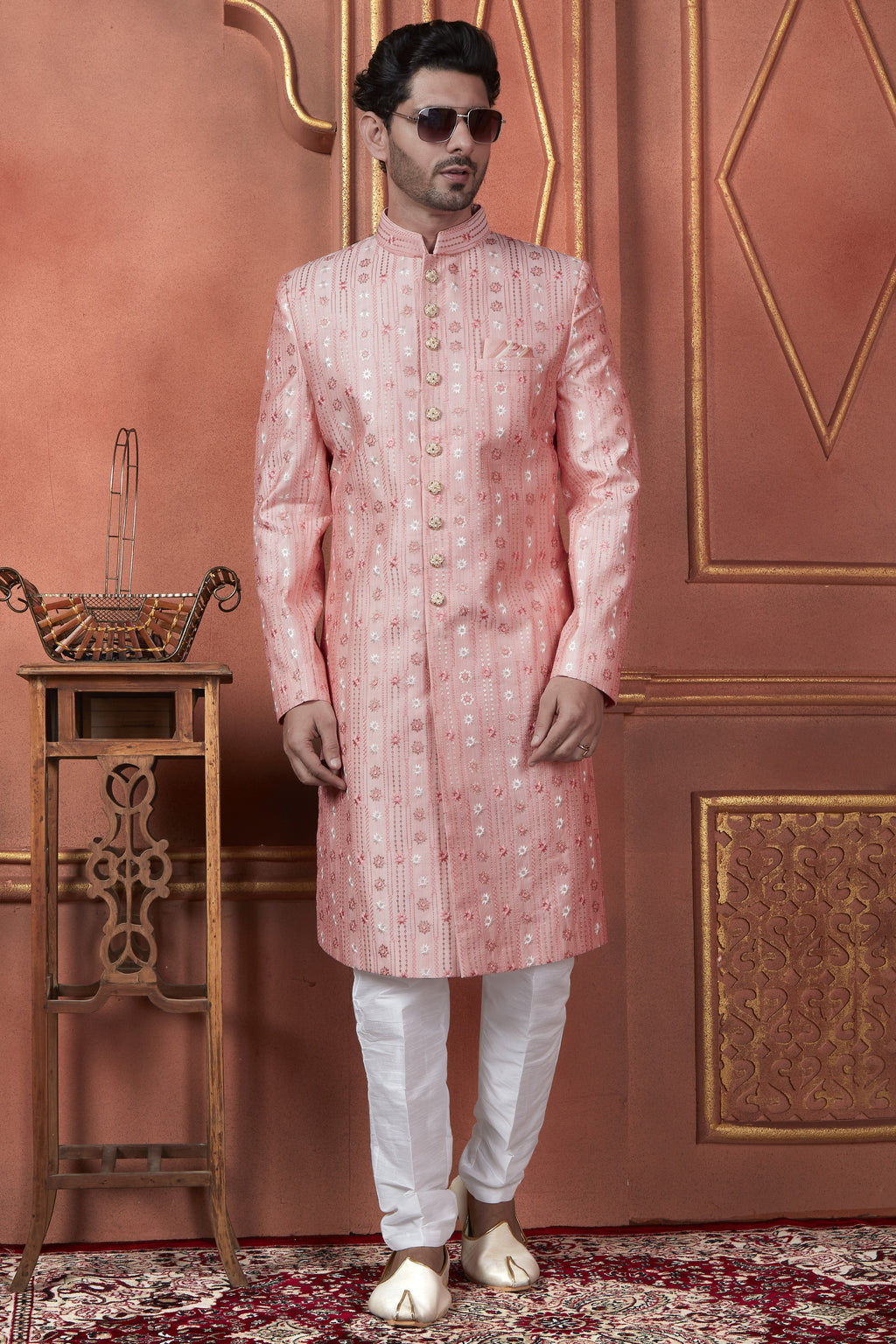 Pink Art Silk Traditional Indo Western Sherwani Kurta with Jacket & Pant for Men - Thread Embroidery Work