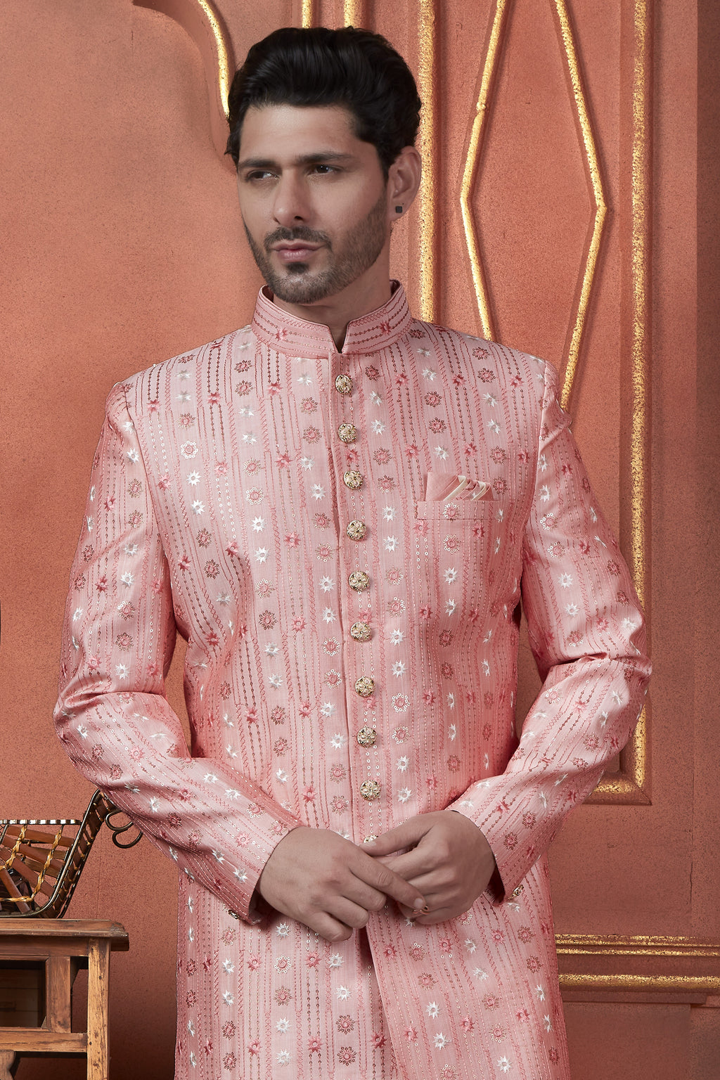 Pink Art Silk Traditional Indo Western Sherwani Kurta with Jacket & Pant for Men - Thread Embroidery Work