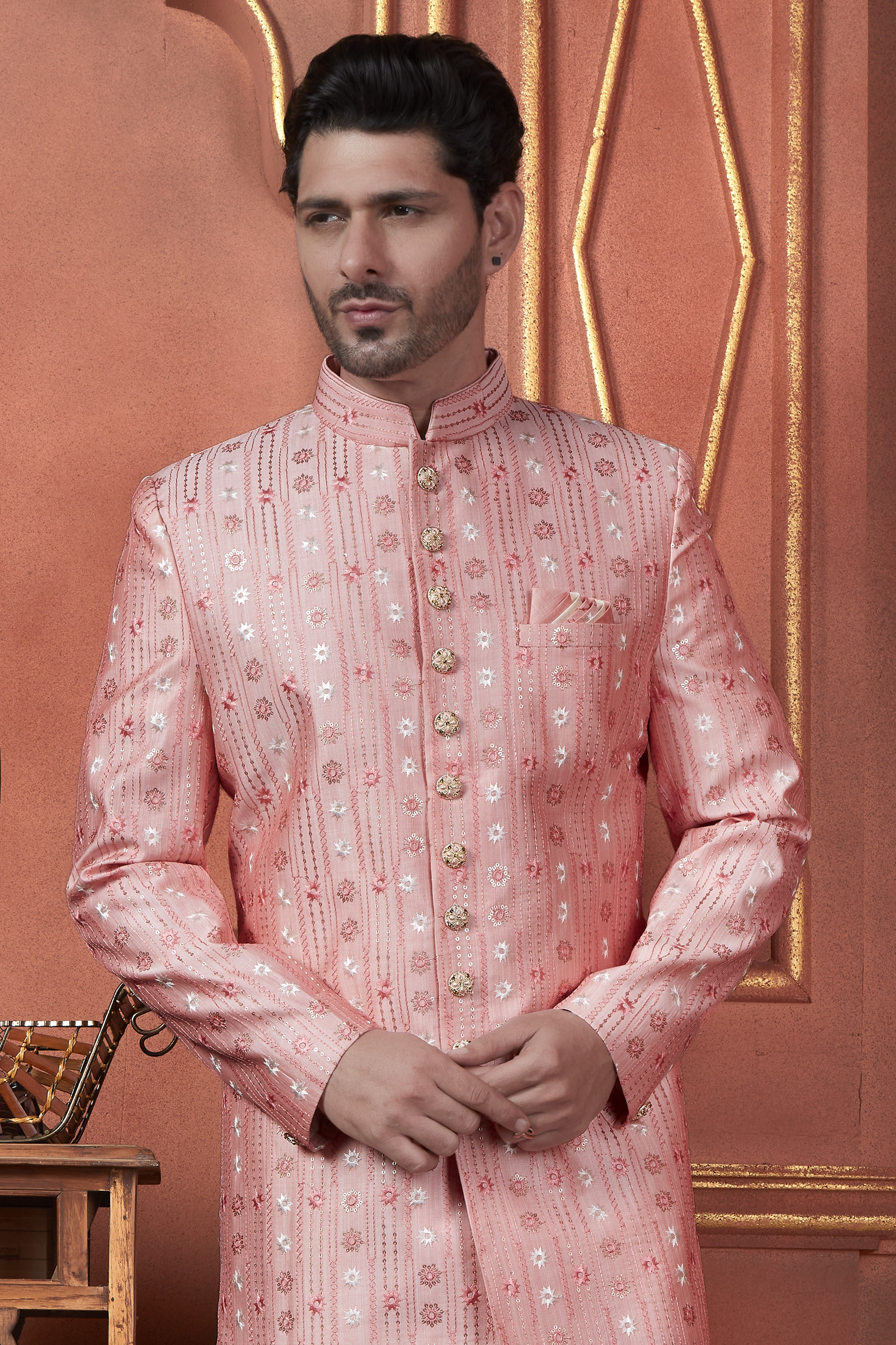 Pink Art Silk Traditional Indo Western Sherwani Kurta with Jacket & Pant for Men - Thread Embroidery Work
