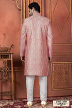 Pink Art Silk Traditional Indo Western Sherwani Kurta with Jacket & Pant for Men - Thread Embroidery Work