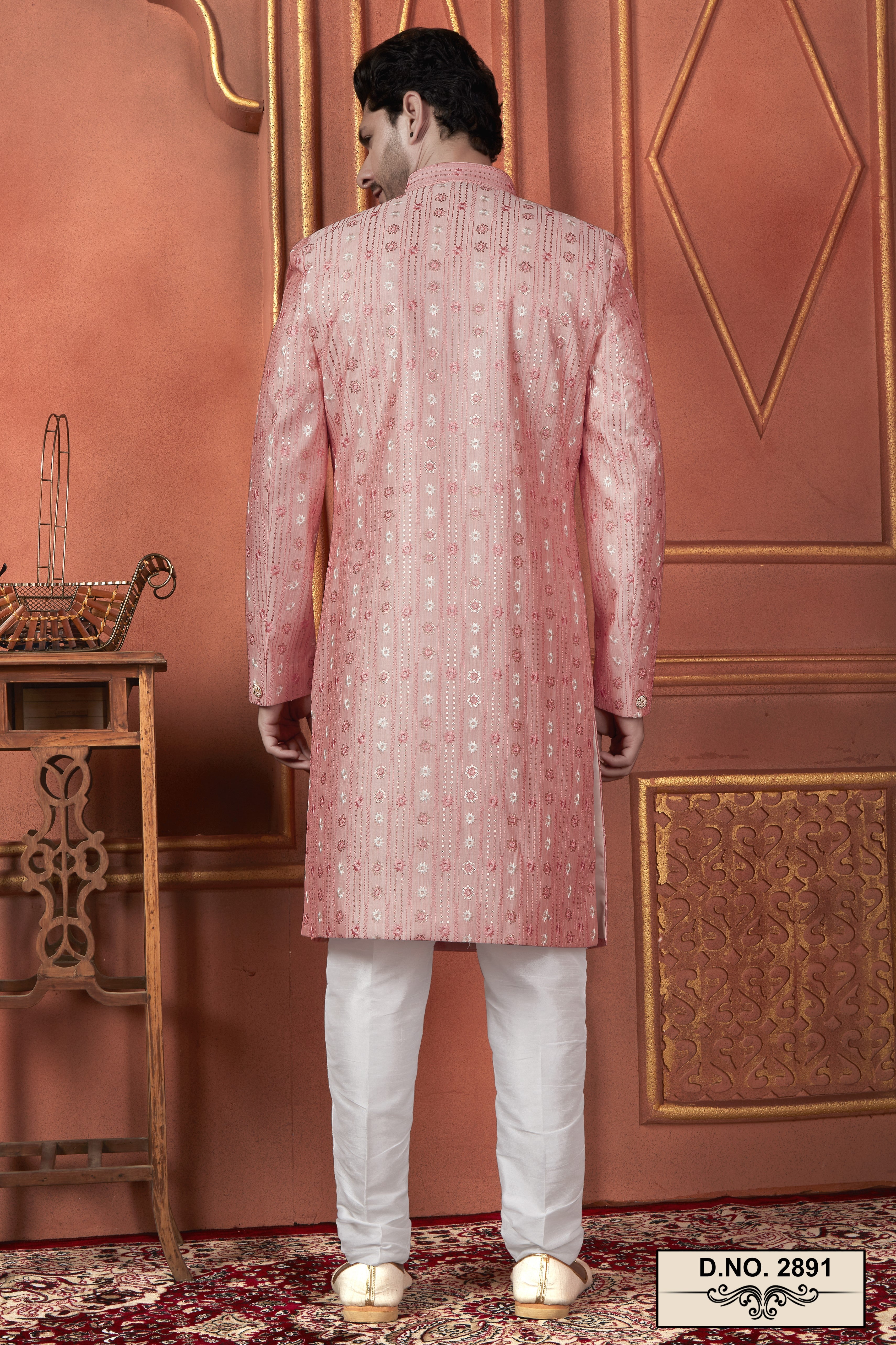 Pink Art Silk Traditional Indo Western Sherwani Kurta with Jacket & Pant for Men - Thread Embroidery Work
