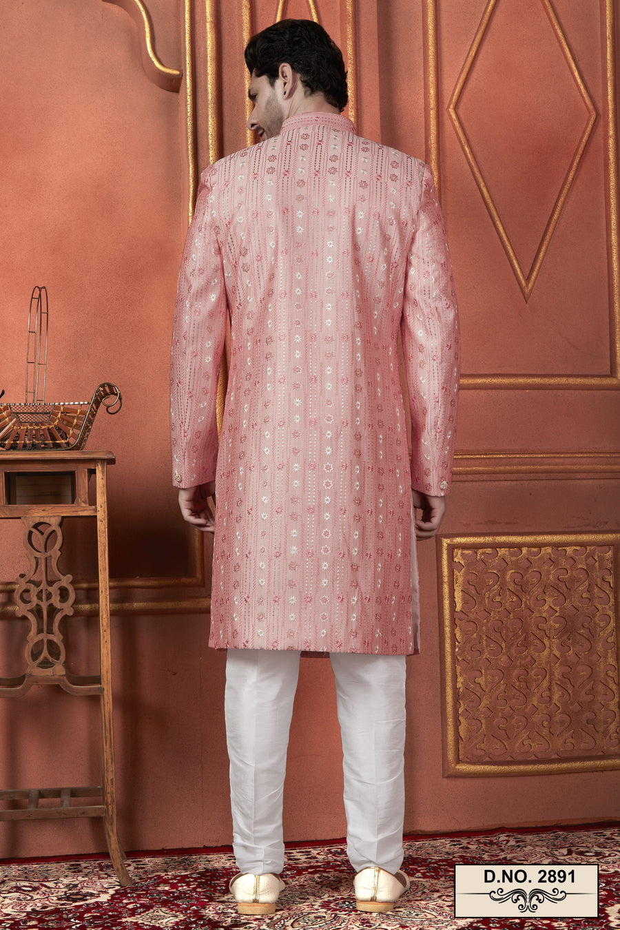 Pink Art Silk Traditional Indo Western Sherwani Kurta with Jacket & Pant for Men - Thread Embroidery Work