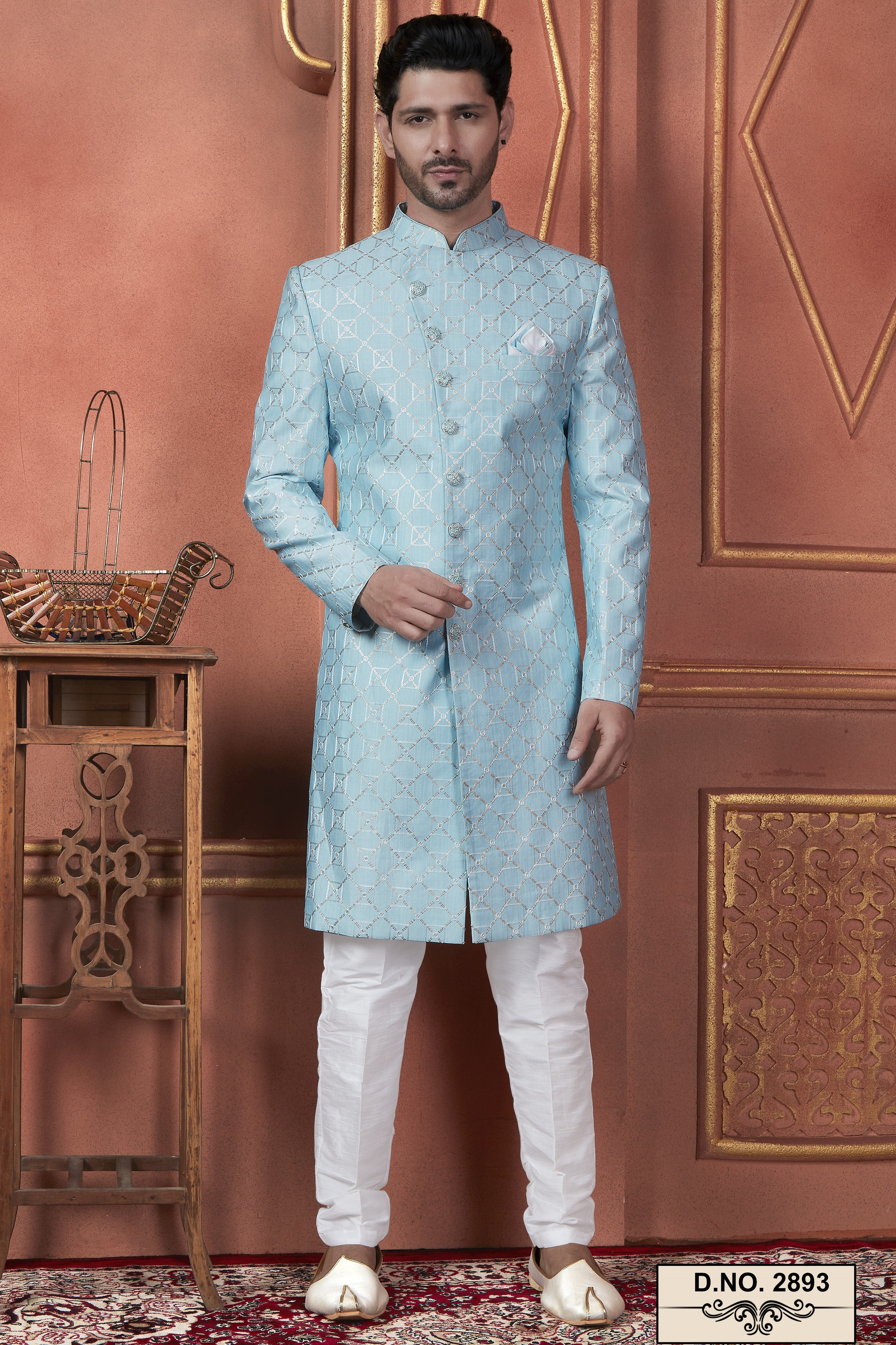 Light Blue Art Silk Traditional Indo Western Sherwani Kurta with Jacket & Pant for Men - Thread Embroidery Work