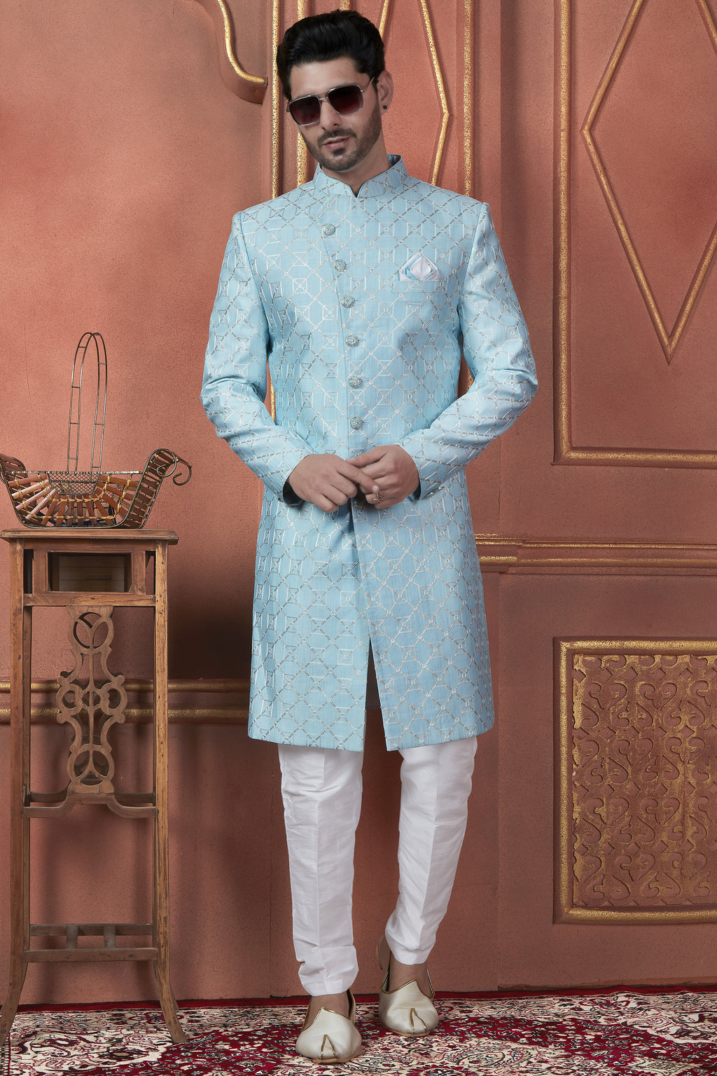 Light Blue Art Silk Traditional Indo Western Sherwani Kurta with Jacket & Pant for Men - Thread Embroidery Work