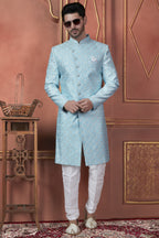 Light Blue Art Silk Traditional Indo Western Sherwani Kurta with Jacket & Pant for Men - Thread Embroidery Work