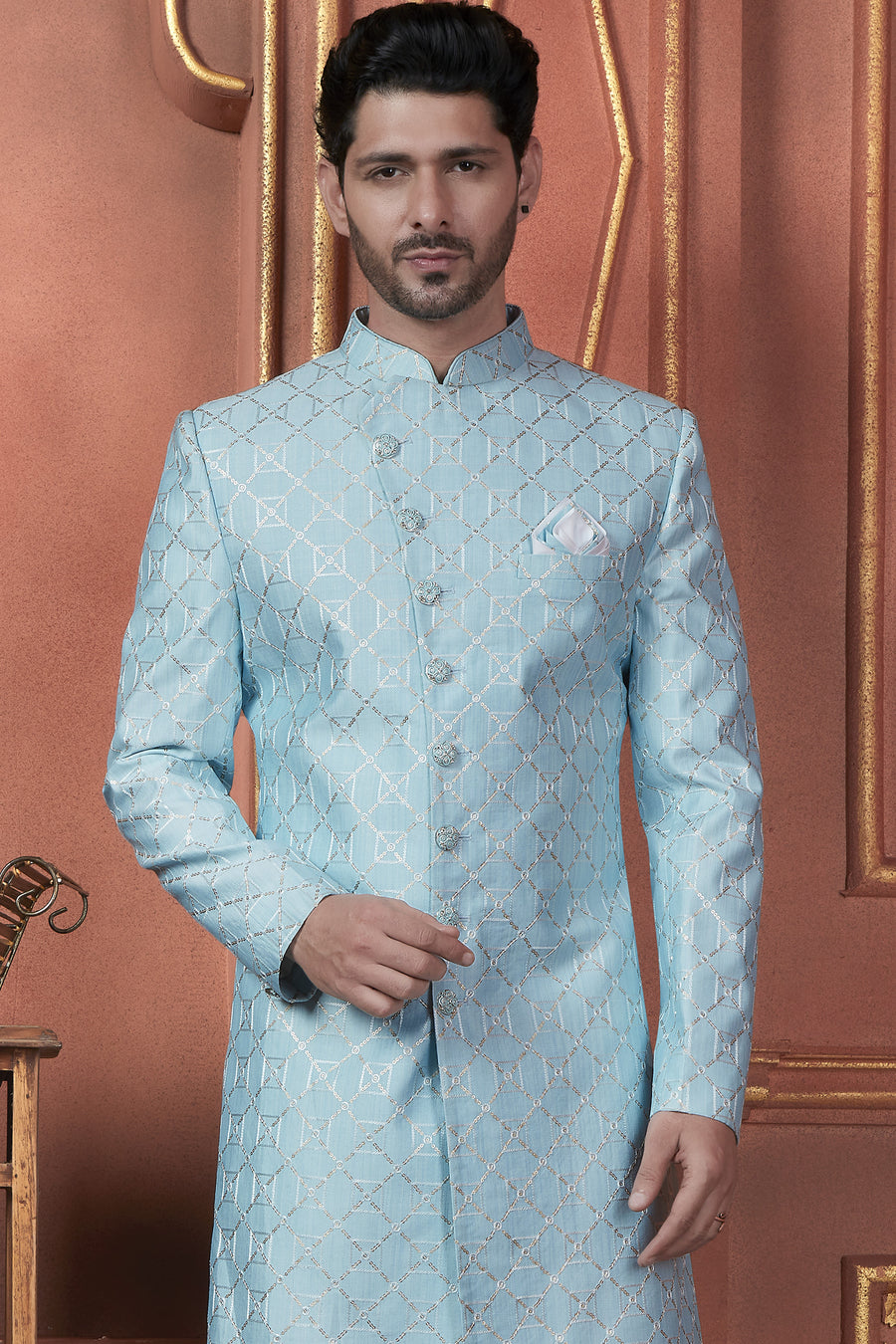Light Blue Art Silk Traditional Indo Western Sherwani Kurta with Jacket & Pant for Men - Thread Embroidery Work