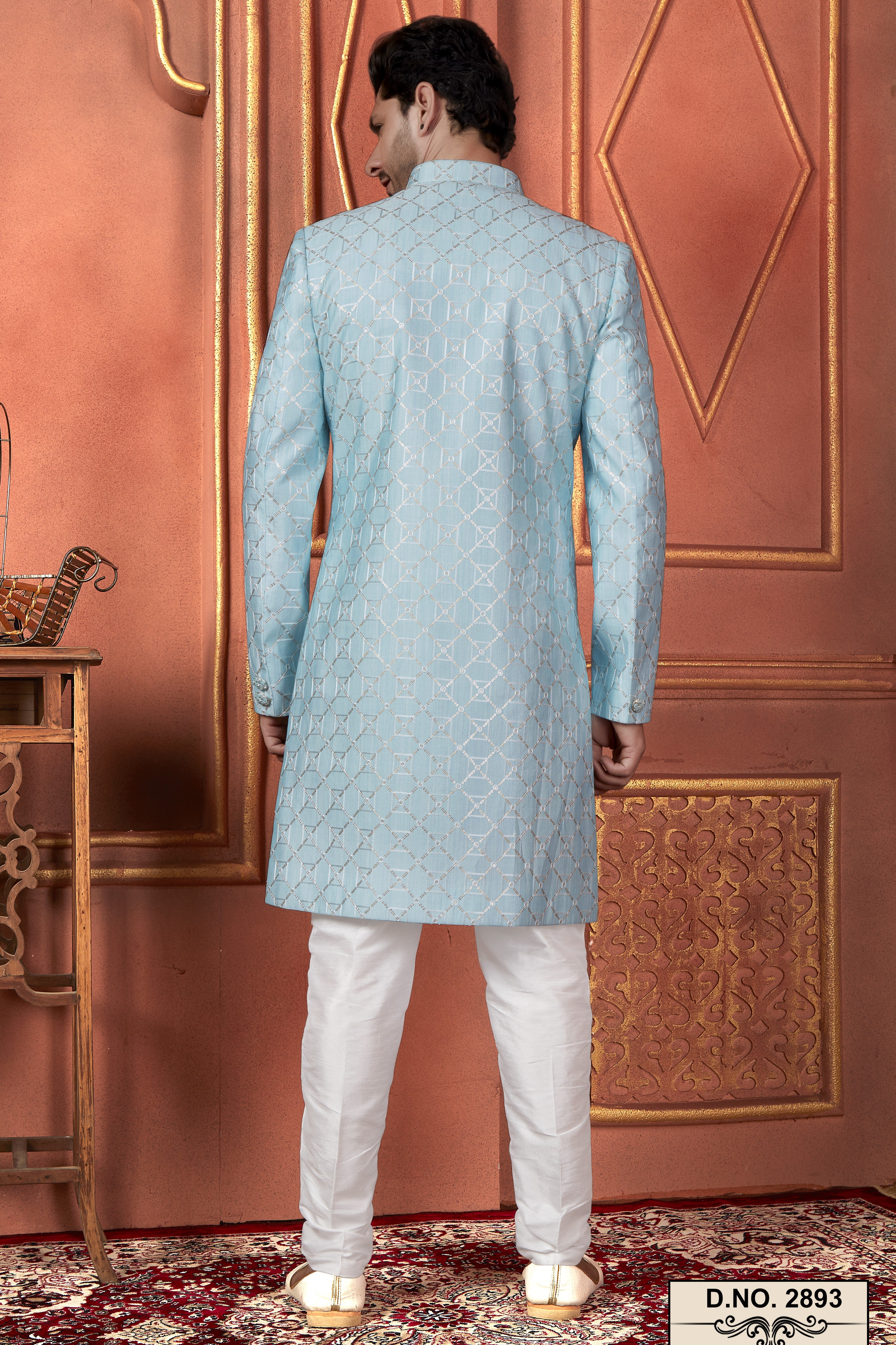 Light Blue Art Silk Traditional Indo Western Sherwani Kurta with Jacket & Pant for Men - Thread Embroidery Work