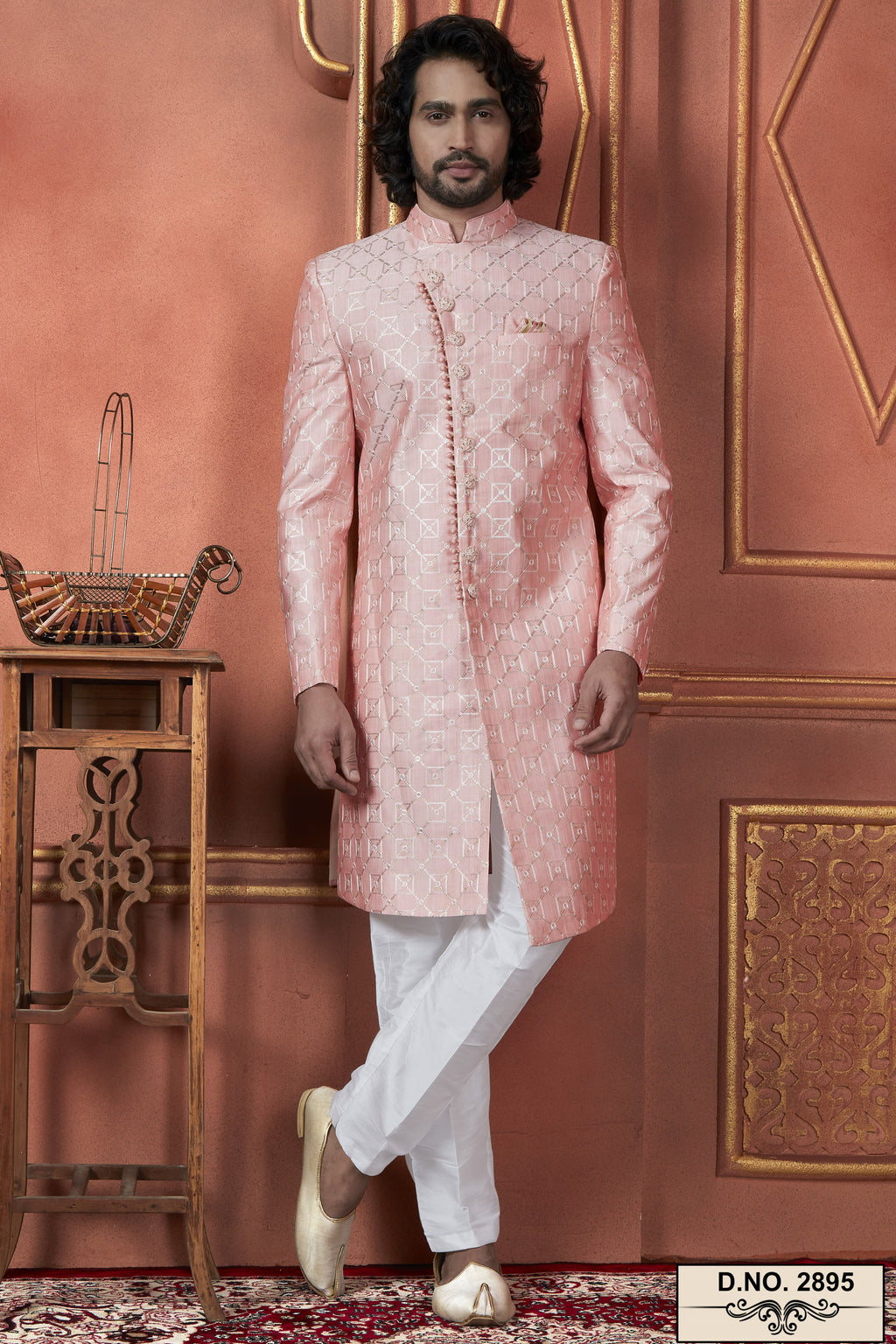 Light Pink Art Silk Traditional Indo Western Sherwani Kurta with Jacket & Pant for Men - Thread Embroidery Work